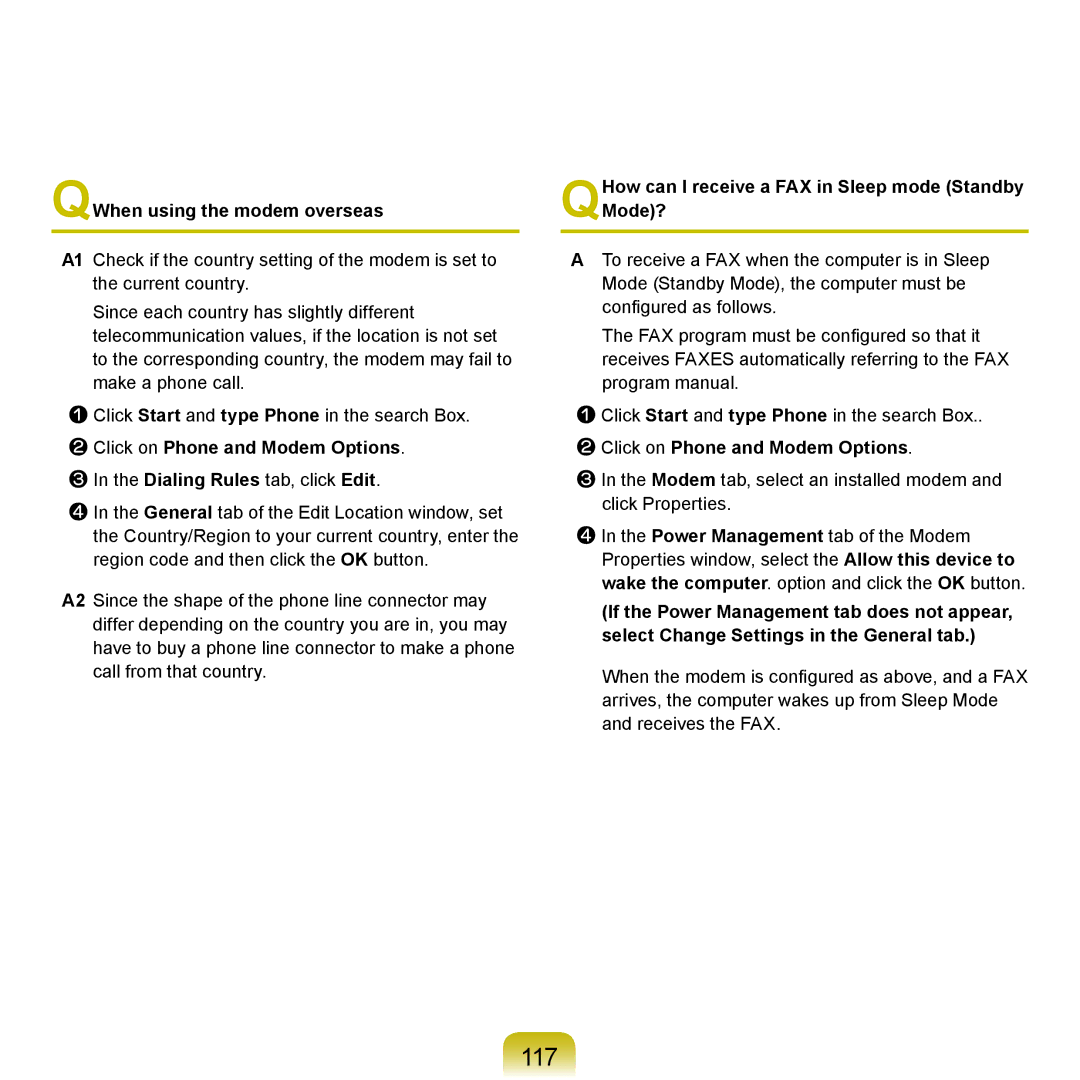 Samsung NP-R470-FS05RU manual 117, QWhen using the modem overseas, QHow can I receive a FAX in Sleep mode Standby Mode? 