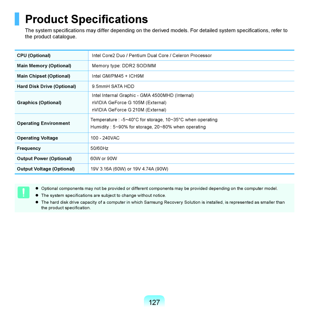 Samsung NP-R470-FS01RU, NP-R470-AS01SG, NP-R470-FS04RU, NP-R470-FS05RU, NP-R470-FS02RU manual Product Specifications, 127 