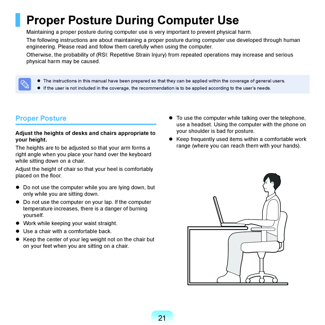 Samsung NP-R470-FS05RU, NP-R470-AS01SG, NP-R470-FS01RU, NP-R470-FS04RU, NP-R470-FS02RU Proper Posture During Computer Use 