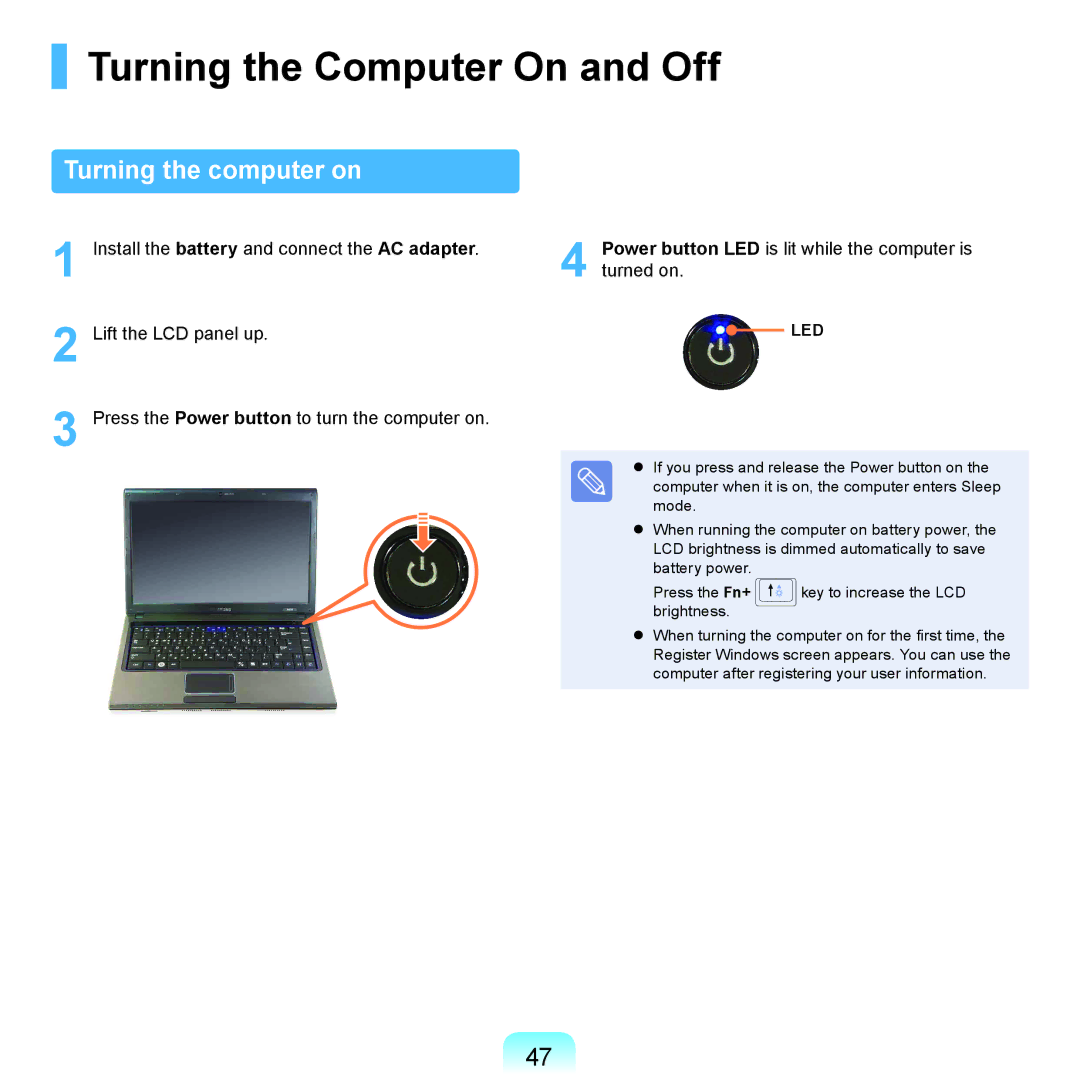 Samsung NP-R470-FS03RU, NP-R470-AS01SG, NP-R470-FS01RU manual Turning the Computer On and Off, Turning the computer on 