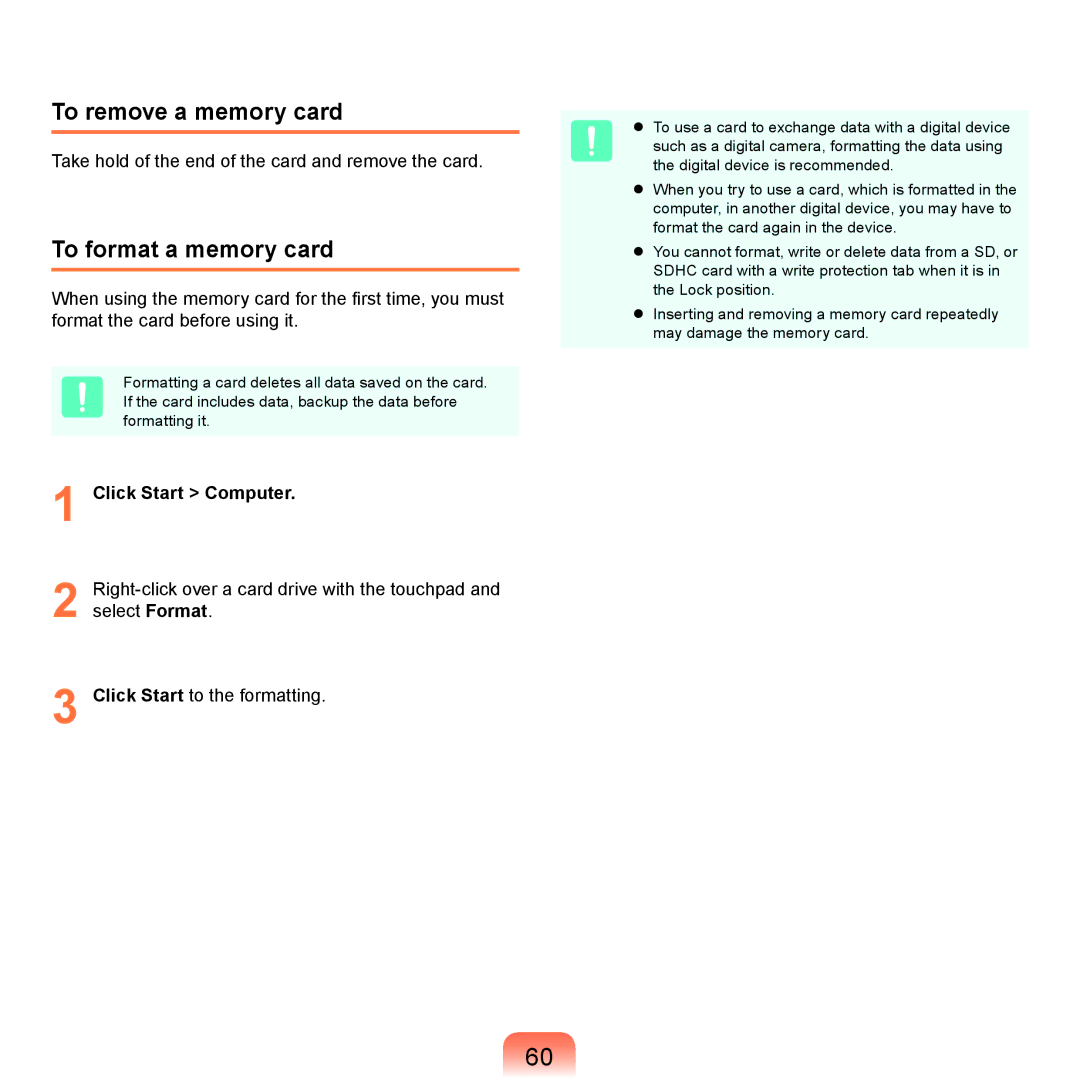 Samsung NP-R470-AS01SG, NP-R470-FS01RU manual To remove a memory card, To format a memory card, Click Start Computer 