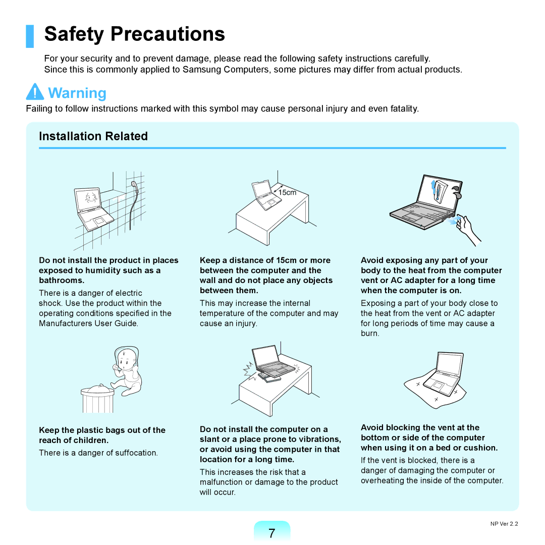 Samsung NP-R470-FS01RU manual Safety Precautions, Installation Related, Keep the plastic bags out of the reach of children 