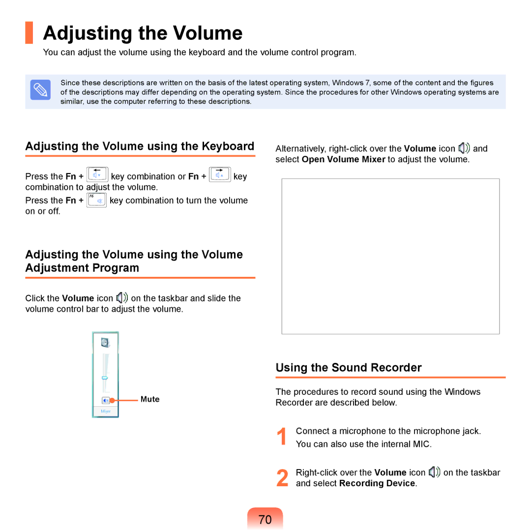 Samsung NP-R470-FS02RU Adjusting the Volume using the Keyboard, Using the Sound Recorder, Select Recording Device 