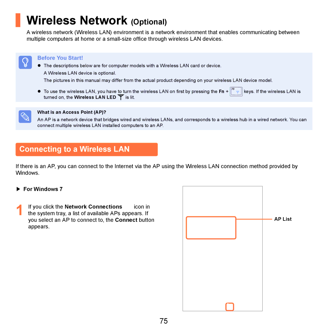 Samsung NP-R470-FS05RU manual Wireless Network Optional, Connecting to a Wireless LAN, AP List, What is an Access Point AP? 