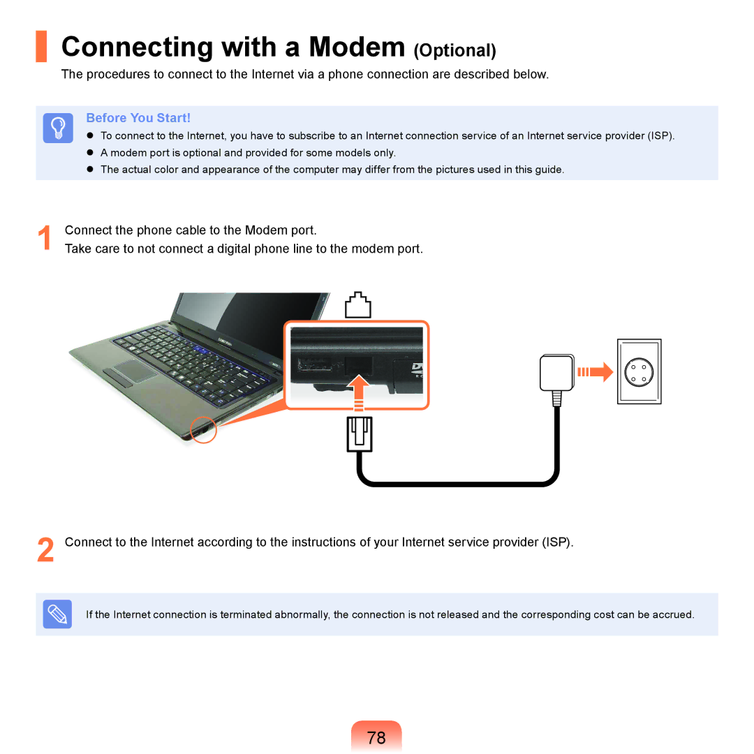 Samsung NP-R470-AS01SG, NP-R470-FS01RU, NP-R470-FS04RU, NP-R470-FS05RU, NP-R470-FS02RU manual Connecting with a Modem Optional 