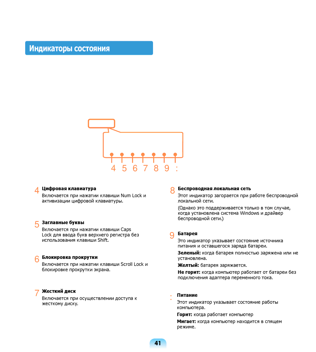 Samsung NP-R508-DA03UA, NP-R508-DA01RU, NP-R508-DA06UA manual Индикаторы состояния 