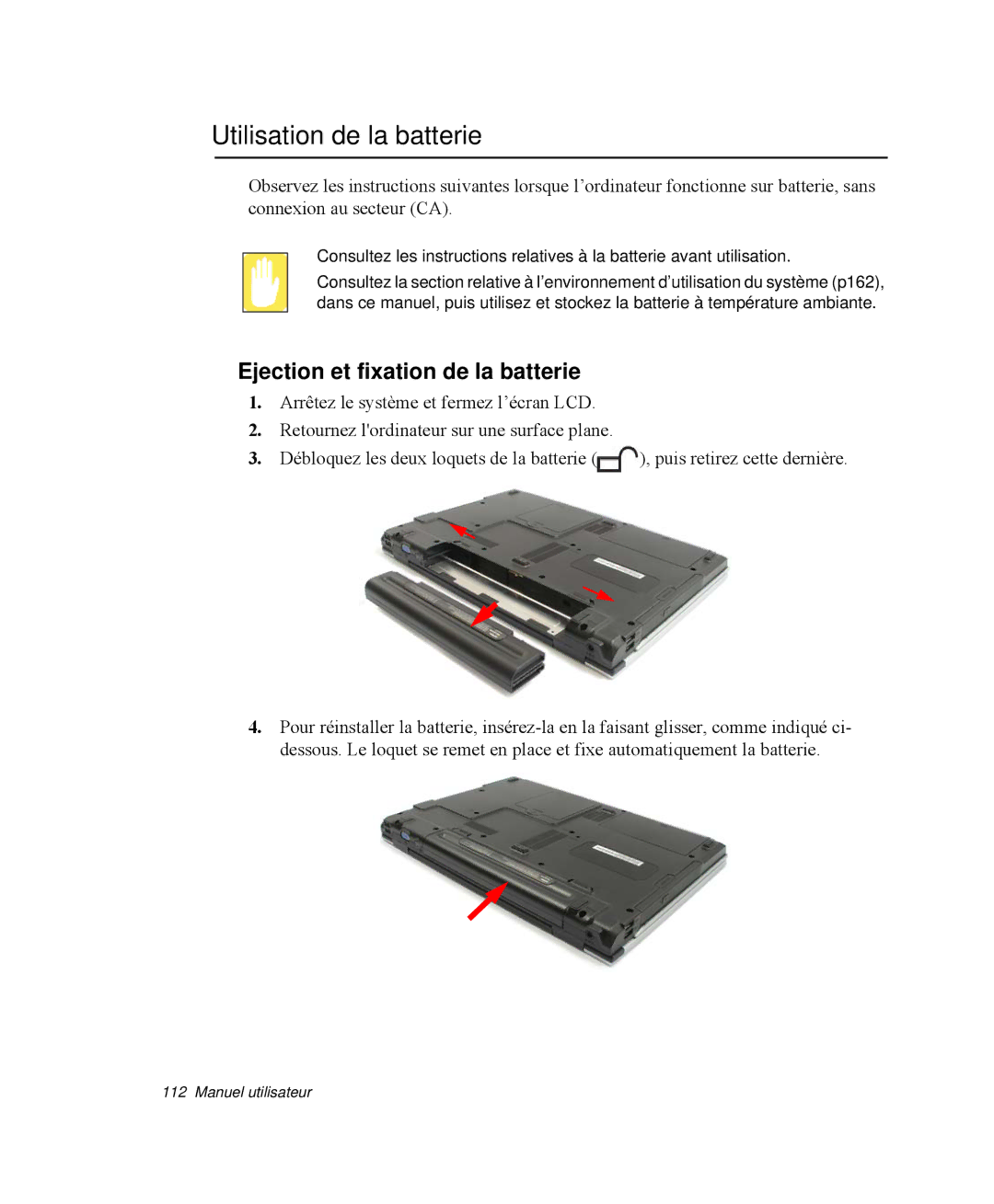 Samsung NP-R50C002/SEF, NP-R50K000/SEF, NP-R50CV08/SEF manual Utilisation de la batterie, Ejection et fixation de la batterie 