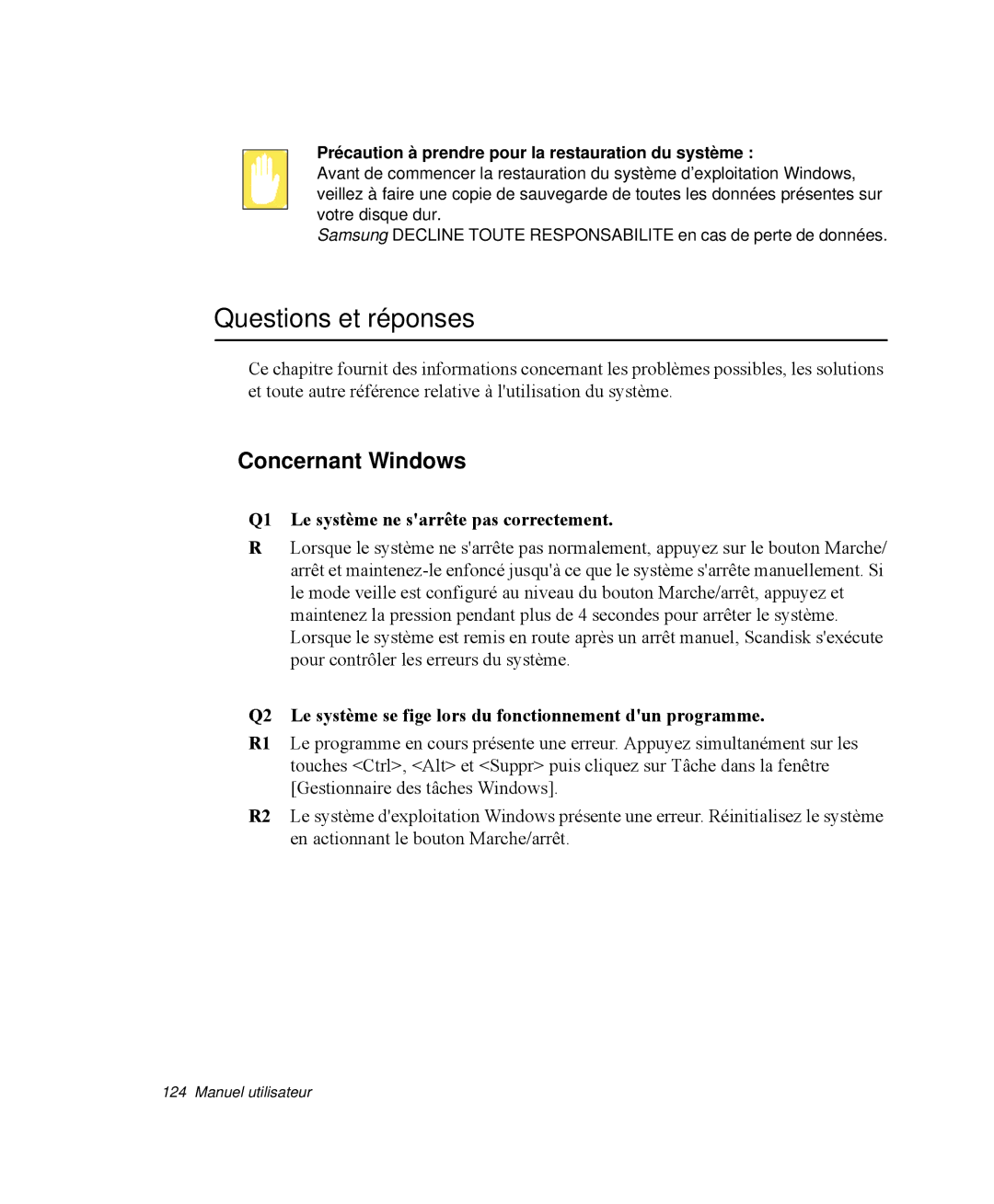 Samsung NP-R50CV08/SEF manual Questions et réponses, Concernant Windows, Q1 Le système ne sarrête pas correctement 