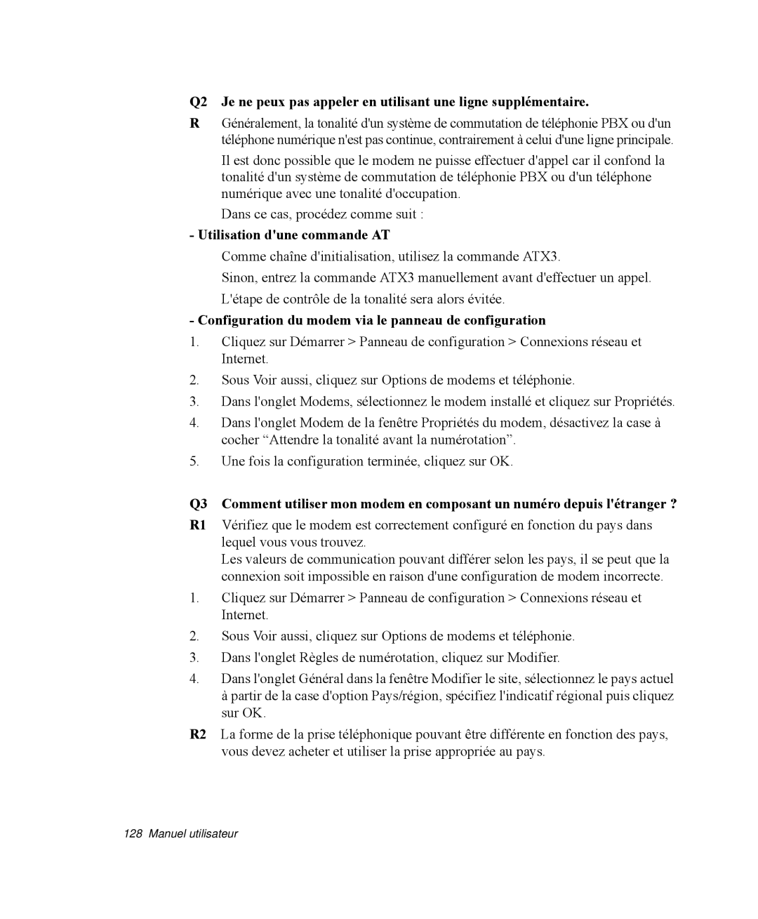 Samsung NP-R50CV06/SEF manual Utilisation dune commande AT, Configuration du modem via le panneau de configuration 