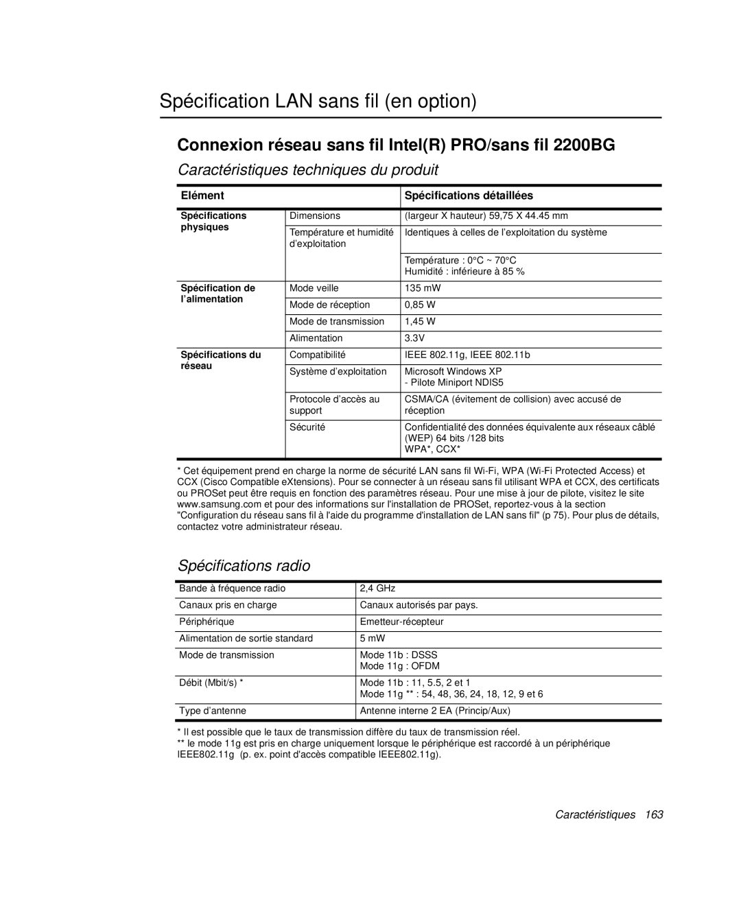 Samsung NP-R50CV08/SEF manual Spécification LAN sans fil en option, Connexion réseau sans fil IntelR PRO/sans fil 2200BG 