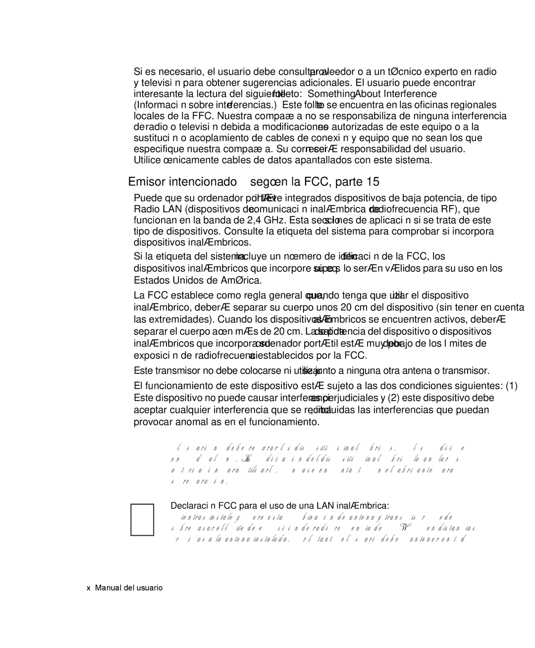 Samsung NP-R50CV06/SES manual Emisor intencionado según la FCC, parte, Declaración FCC para el uso de una LAN inalámbrica 