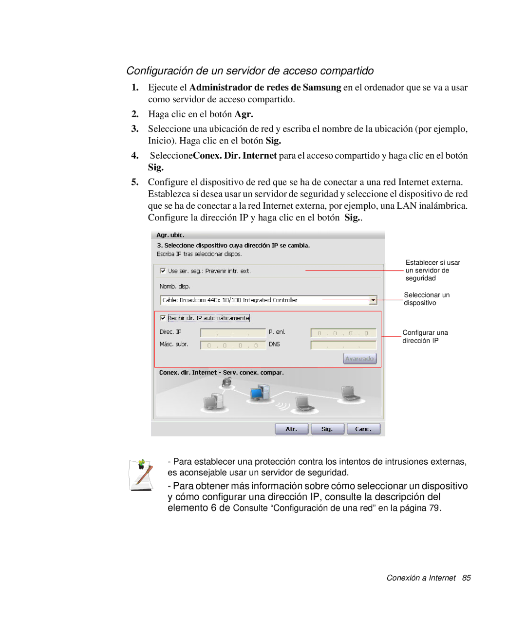 Samsung NP-R50T002/SES, NP-R50K000/SES, NP-R50CV09/SES manual Configuración de un servidor de acceso compartido, Sig 