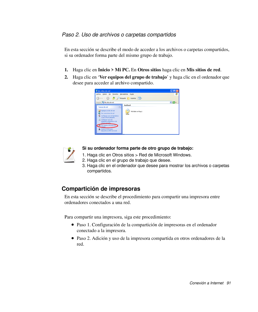 Samsung NP-R50C001/SES, NP-R50K000/SES manual Compartición de impresoras, Paso 2. Uso de archivos o carpetas compartidos 