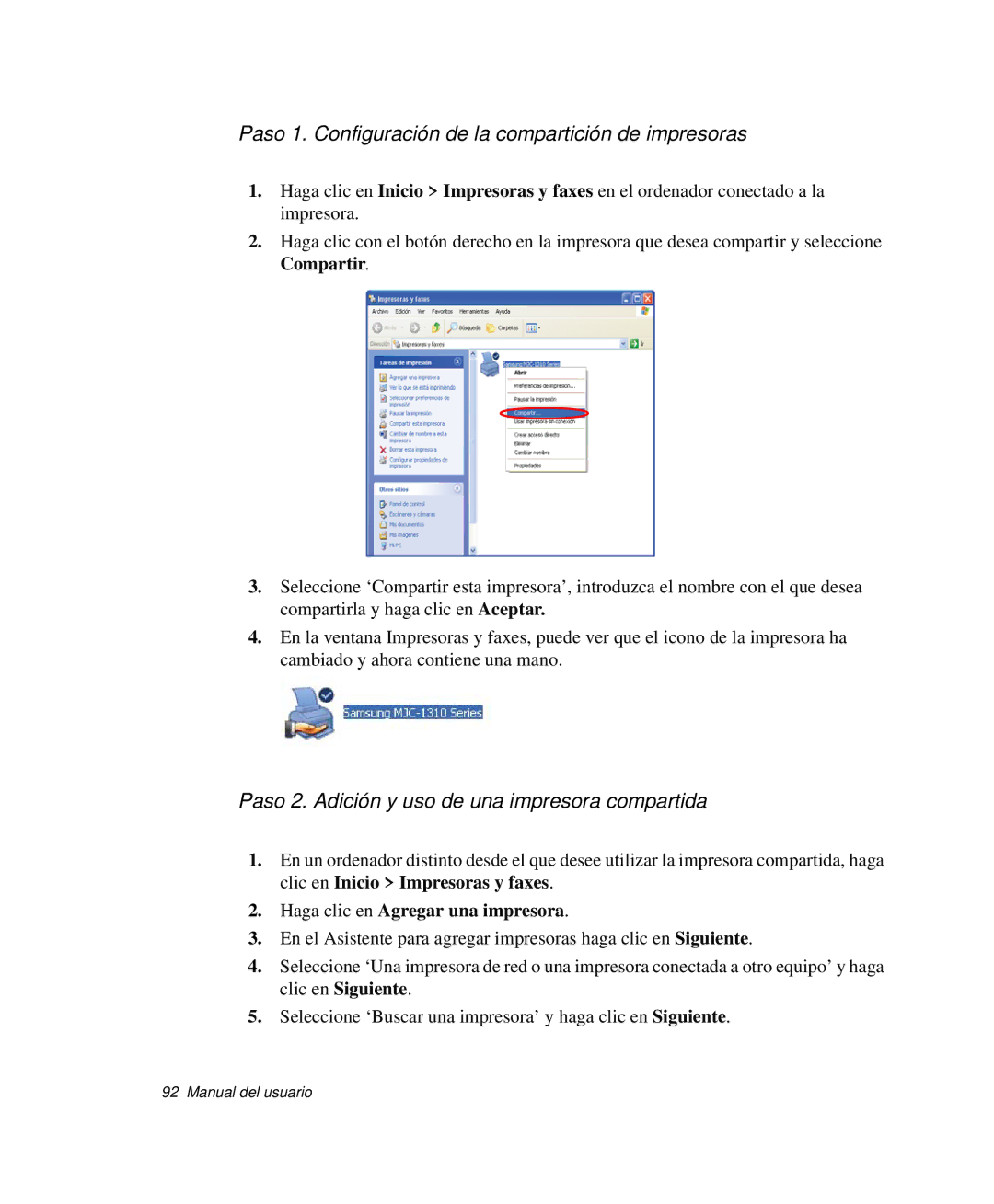 Samsung NP-R50C003/SES manual Paso 1. Configuración de la compartición de impresoras, Haga clic en Agregar una impresora 