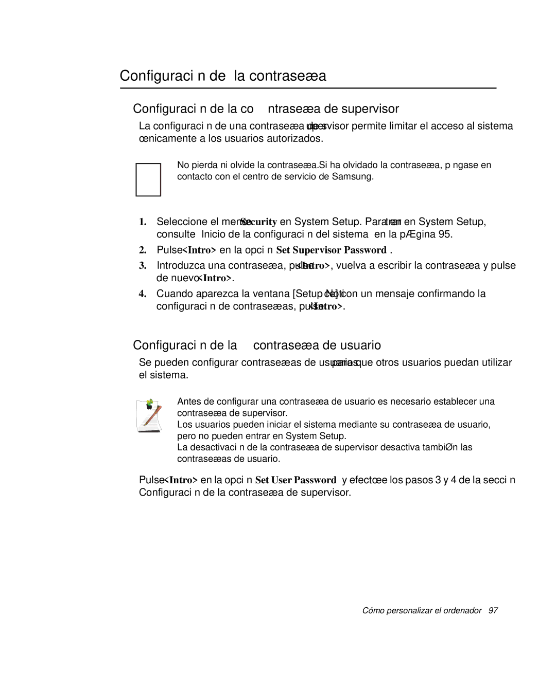 Samsung NP-R50CV07/SES manual Configuración de la contraseña de supervisor, Configuración de la contraseña de usuario 