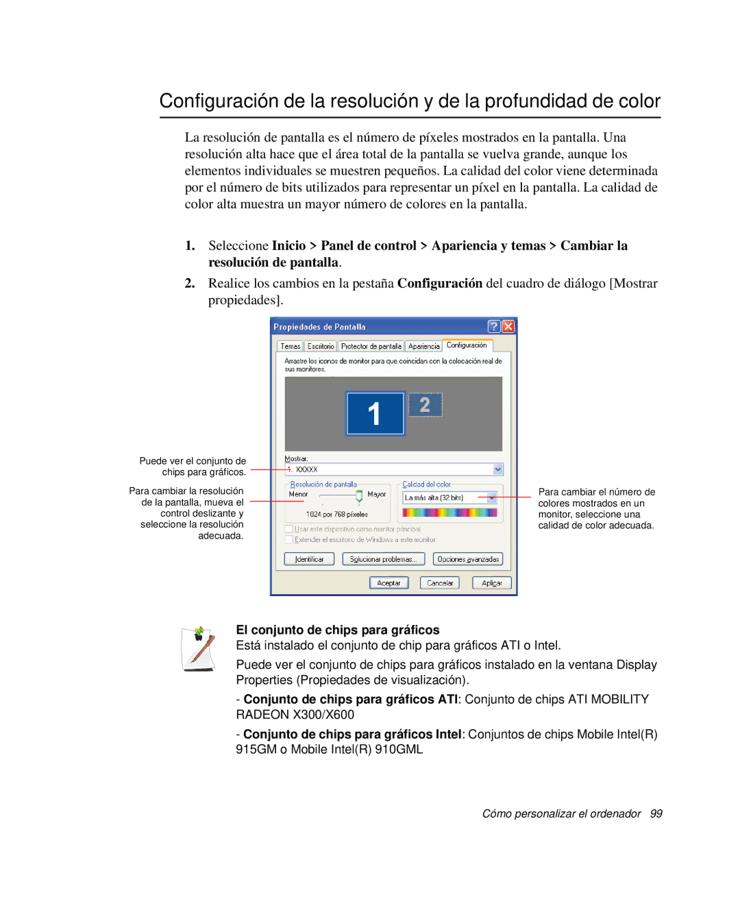 Samsung NP-R50TV01/SES Configuración de la resolución y de la profundidad de color, El conjunto de chips para gráficos 