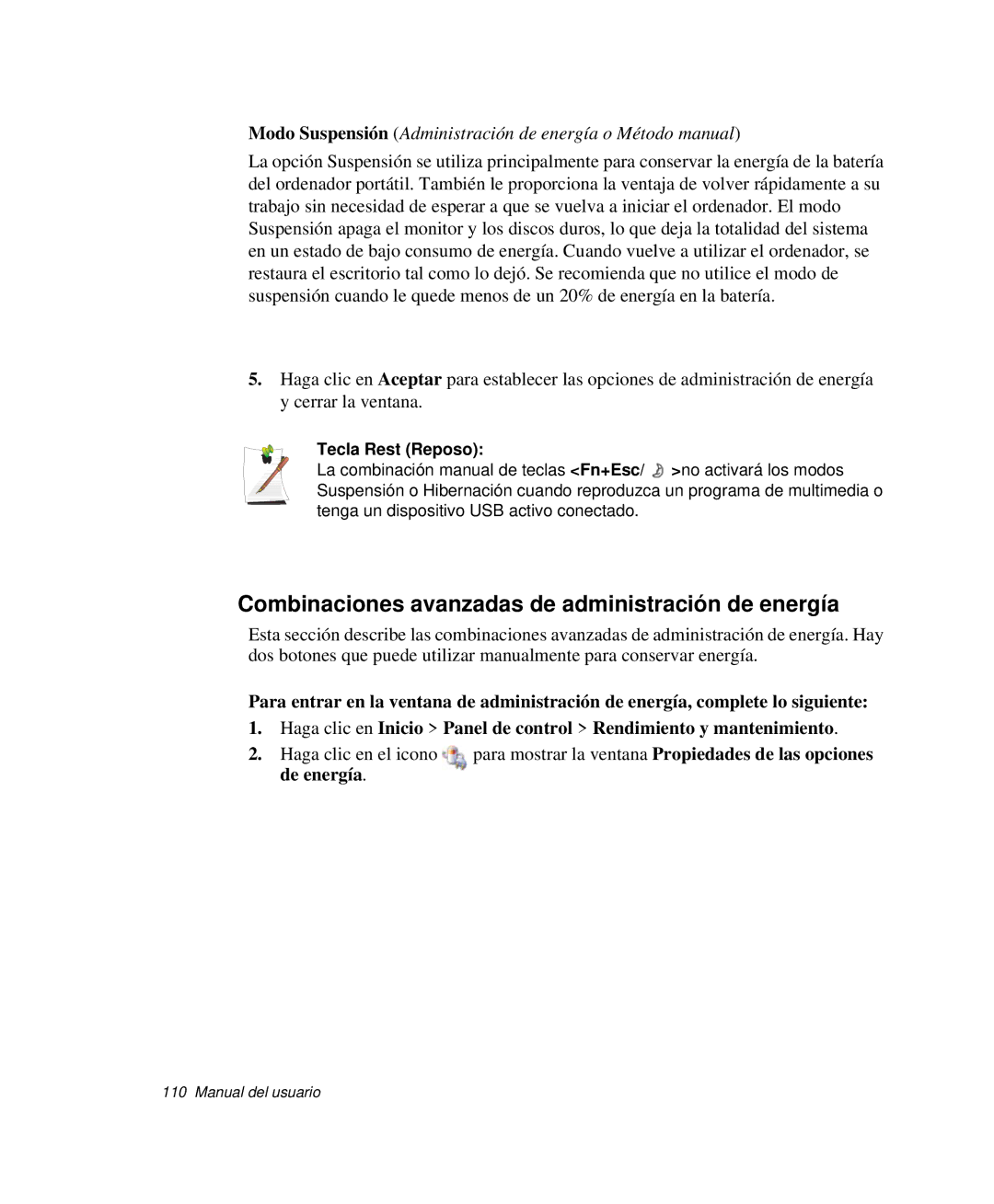 Samsung NP-R50C001/SES, NP-R50K000/SES manual Combinaciones avanzadas de administración de energía, Tecla Rest Reposo 