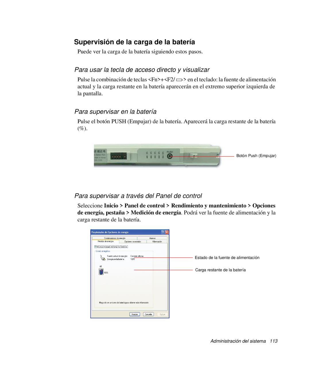 Samsung NP-R50T001/SES manual Supervisión de la carga de la batería, Para usar la tecla de acceso directo y visualizar 