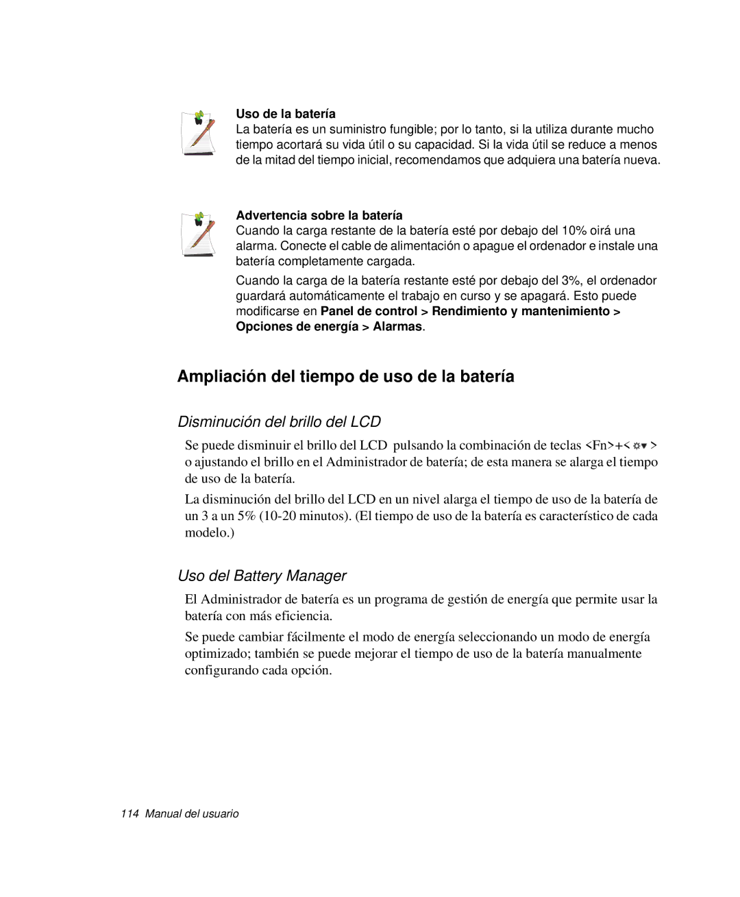 Samsung NP-R50K000/SES Ampliación del tiempo de uso de la batería, Disminución del brillo del LCD, Uso del Battery Manager 