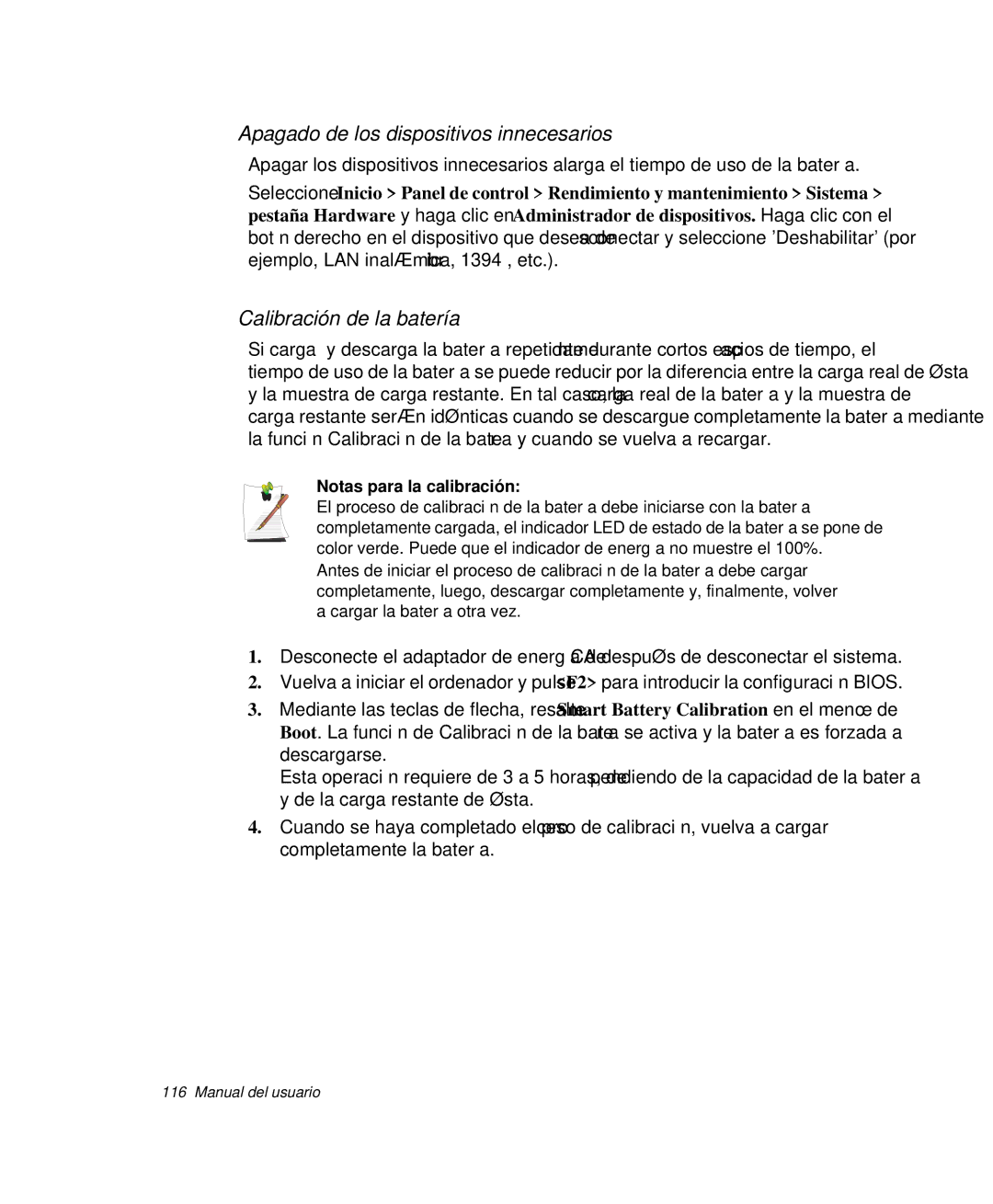 Samsung NP-R50CV07/SES Apagado de los dispositivos innecesarios, Calibración de la batería, Notas para la calibración 