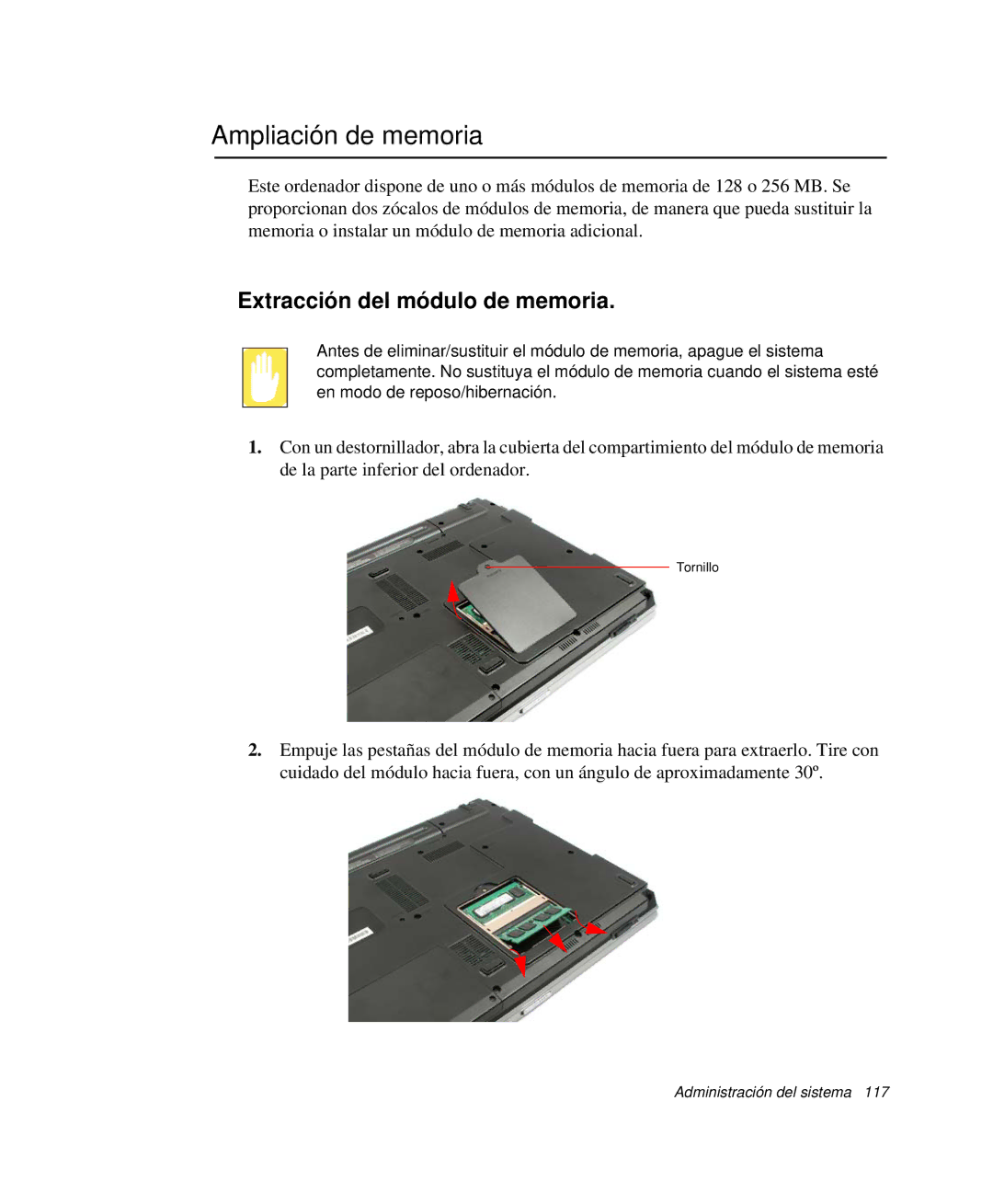 Samsung NP-R50CV04/SES, NP-R50K000/SES, NP-R50CV09/SES manual Ampliación de memoria, Extracción del módulo de memoria 