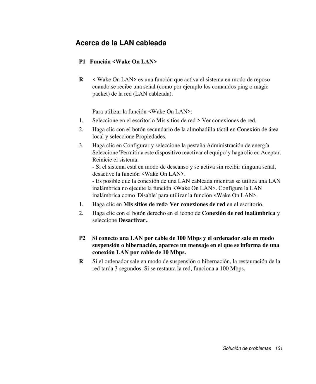 Samsung NP-R50CV05/SES, NP-R50K000/SES, NP-R50CV09/SES, NP-R50CV07/SES Acerca de la LAN cableada, P1 Función Wake On LAN 