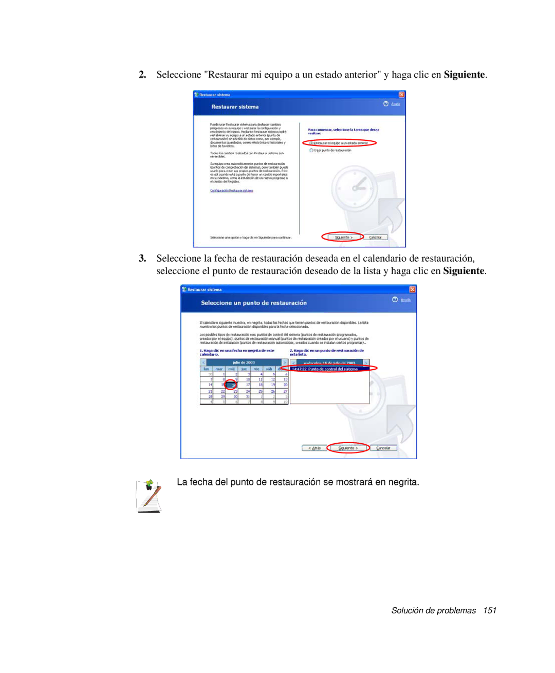 Samsung NP-R50T001/SES, NP-R50K000/SES, NP-R50CV09/SES manual La fecha del punto de restauración se mostrará en negrita 