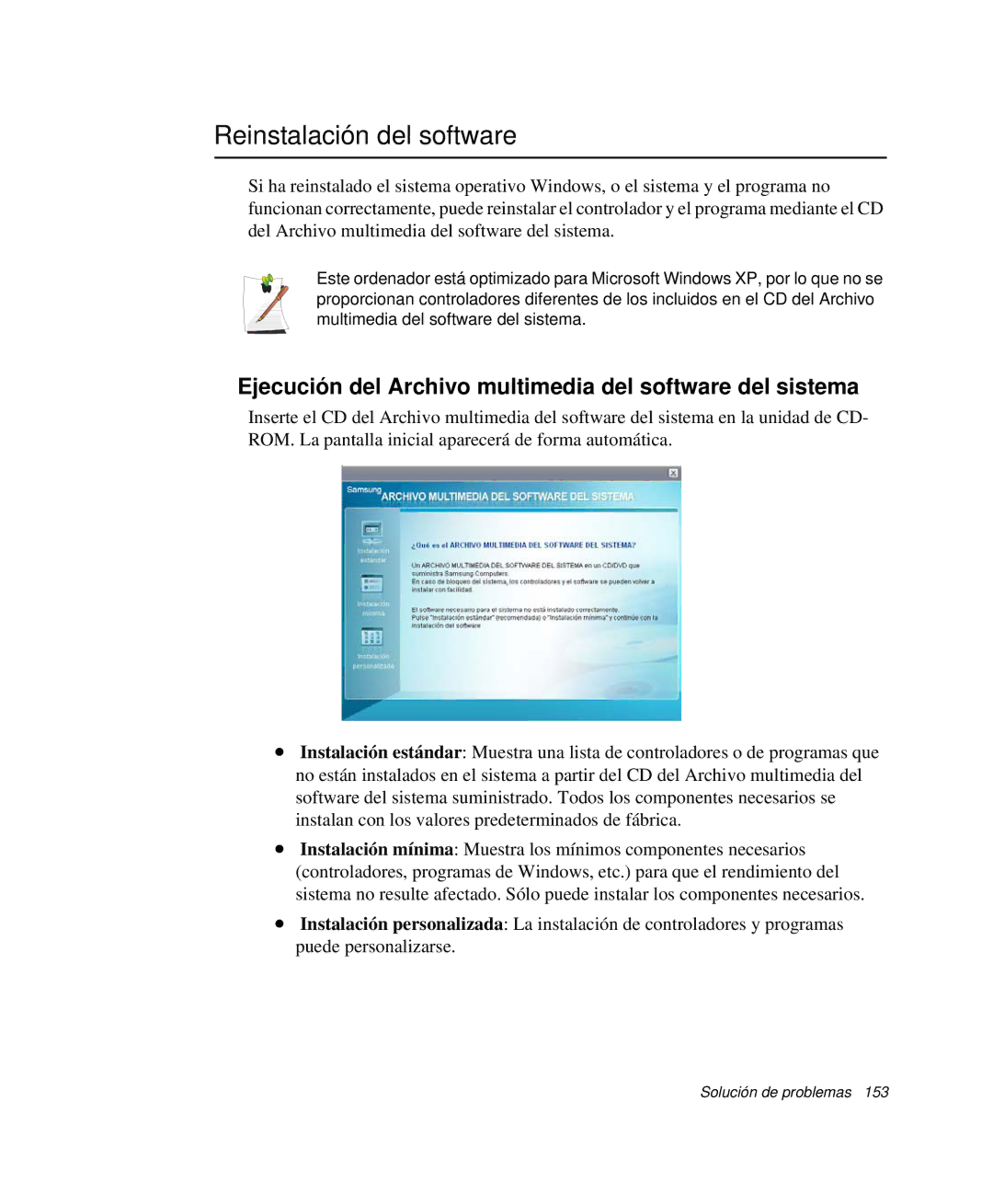 Samsung NP-R50CV09/SES manual Reinstalación del software, Ejecución del Archivo multimedia del software del sistema 