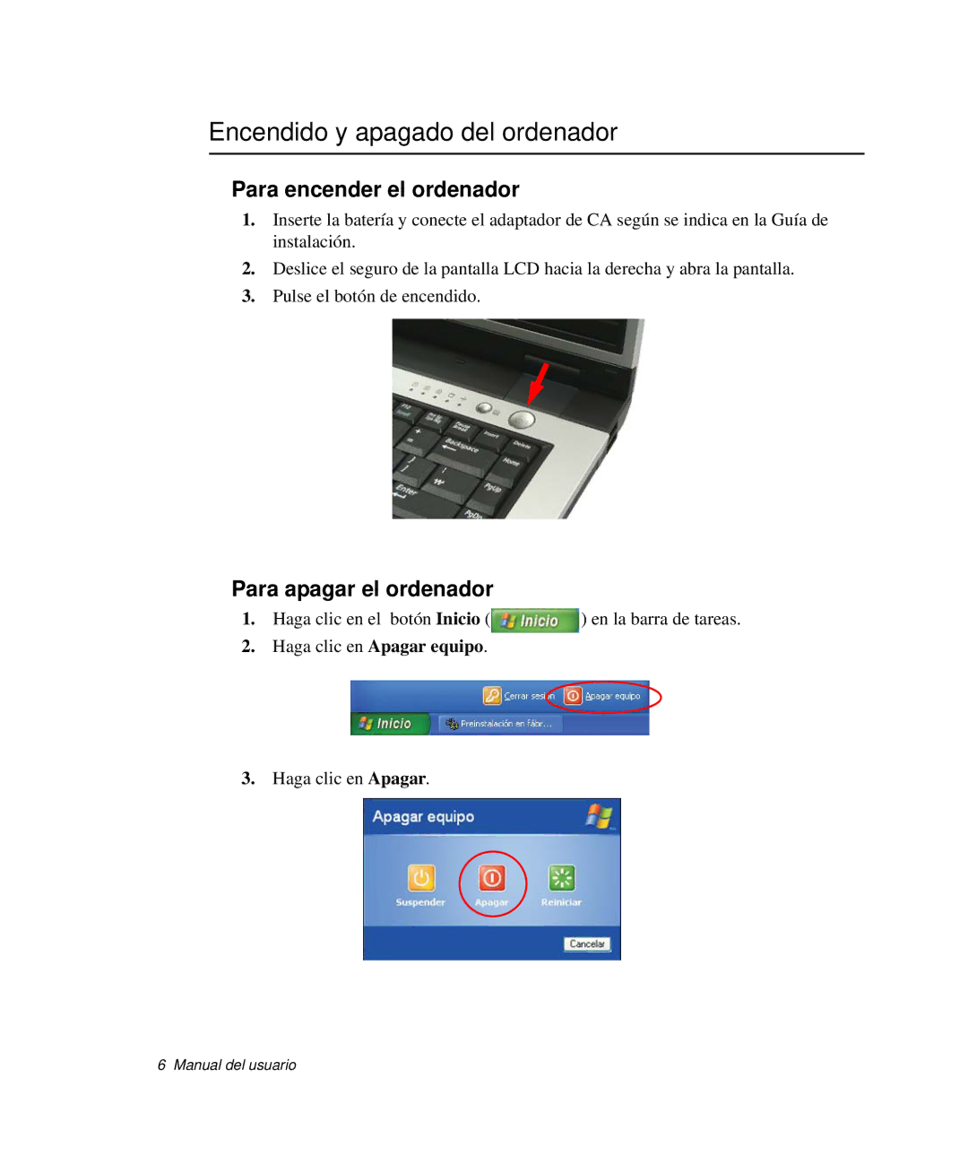 Samsung NP-R50C000/SES manual Encendido y apagado del ordenador, Para encender el ordenador, Para apagar el ordenador 