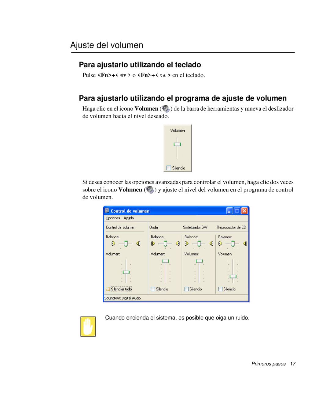 Samsung NP-R50CV05/SES, NP-R50K000/SES manual Ajuste del volumen, Para ajustarlo utilizando el programa de ajuste de volumen 