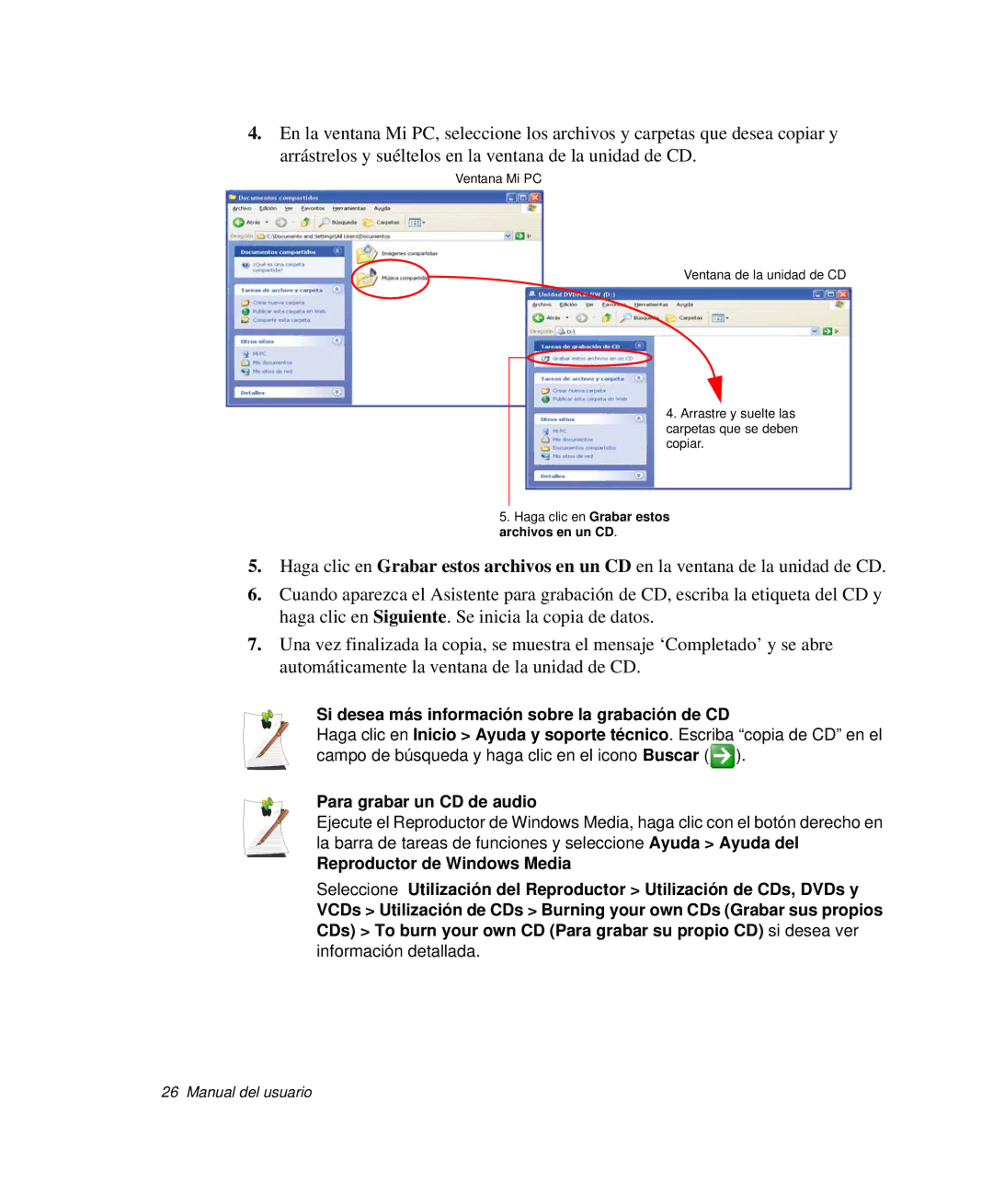 Samsung NP-R50CV0A/SES, NP-R50K000/SES manual Si desea más información sobre la grabación de CD, Para grabar un CD de audio 