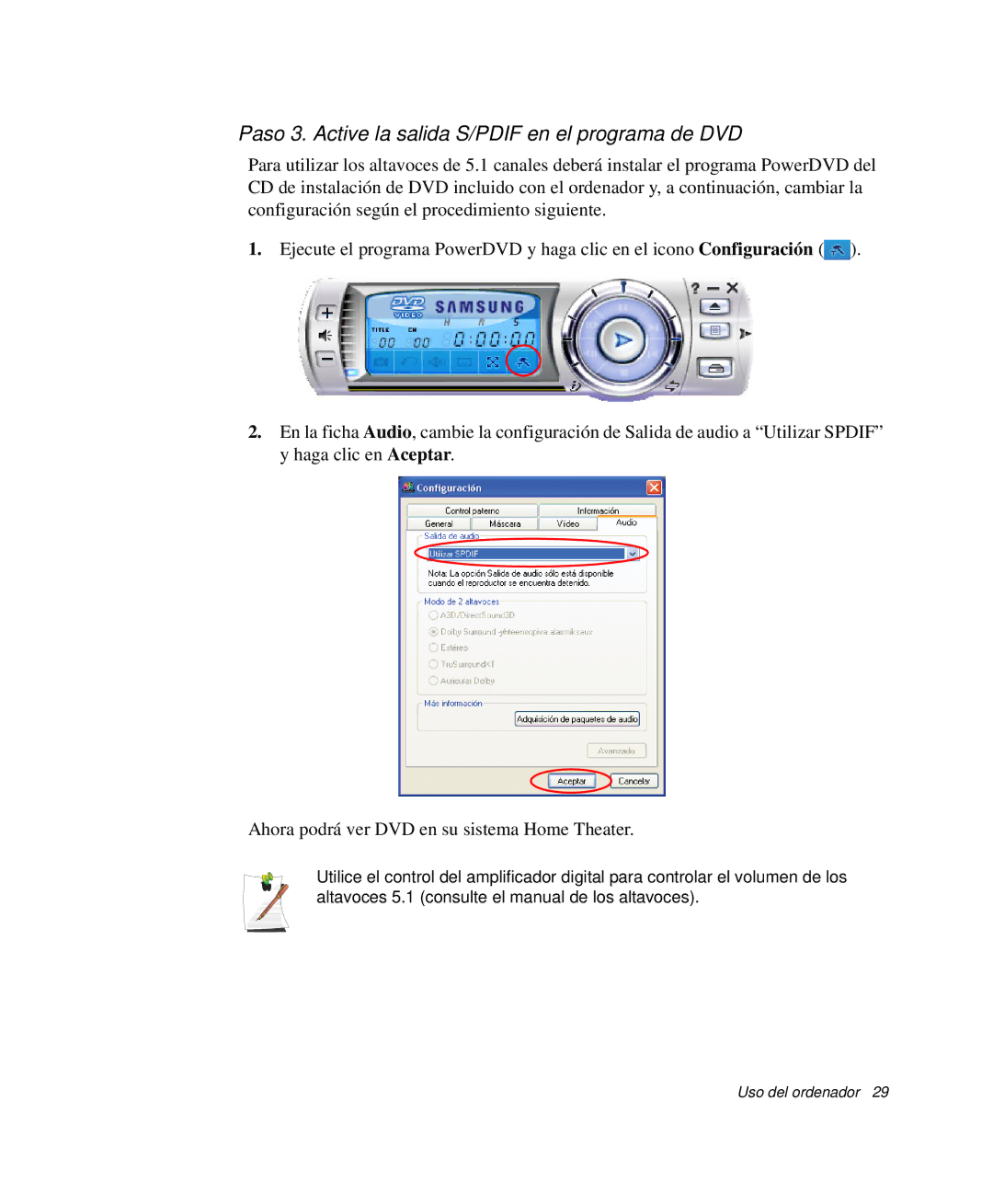 Samsung NP-R50CV06/SES, NP-R50K000/SES, NP-R50CV09/SES, NP-R50CV07/SES Paso 3. Active la salida S/PDIF en el programa de DVD 