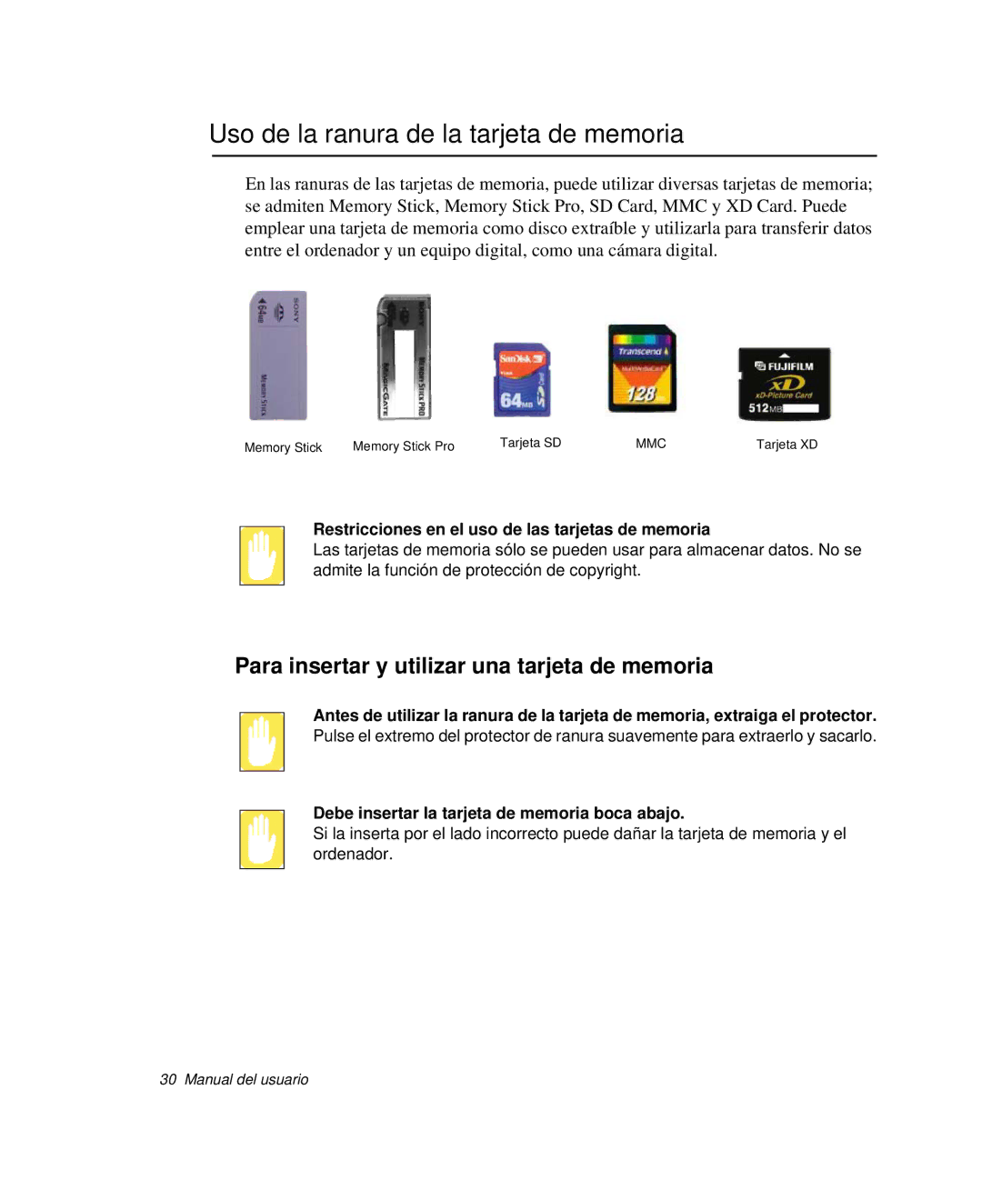 Samsung NP-R50C002/SES manual Uso de la ranura de la tarjeta de memoria, Para insertar y utilizar una tarjeta de memoria 