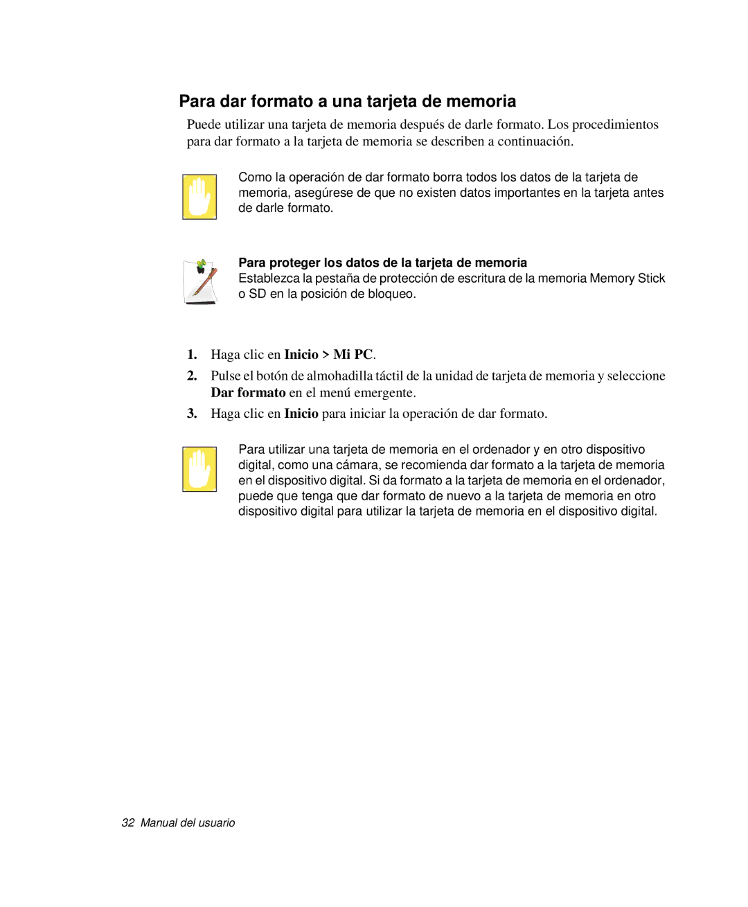 Samsung NP-R50CV08/SES manual Para dar formato a una tarjeta de memoria, Para proteger los datos de la tarjeta de memoria 