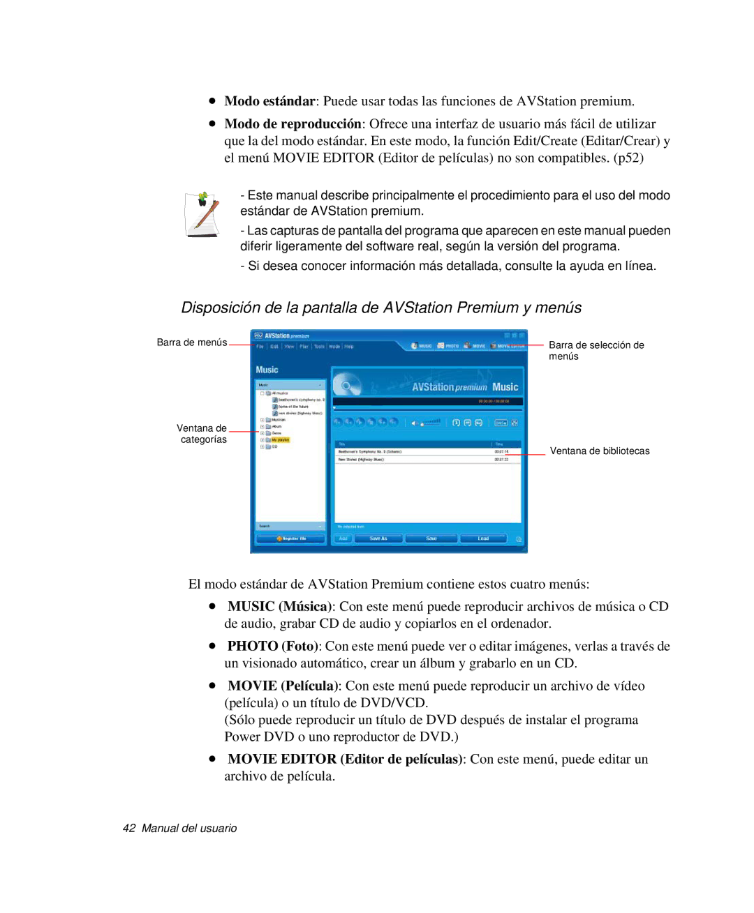 Samsung NP-R50TV01/SES, NP-R50K000/SES, NP-R50CV09/SES manual Disposición de la pantalla de AVStation Premium y menús 