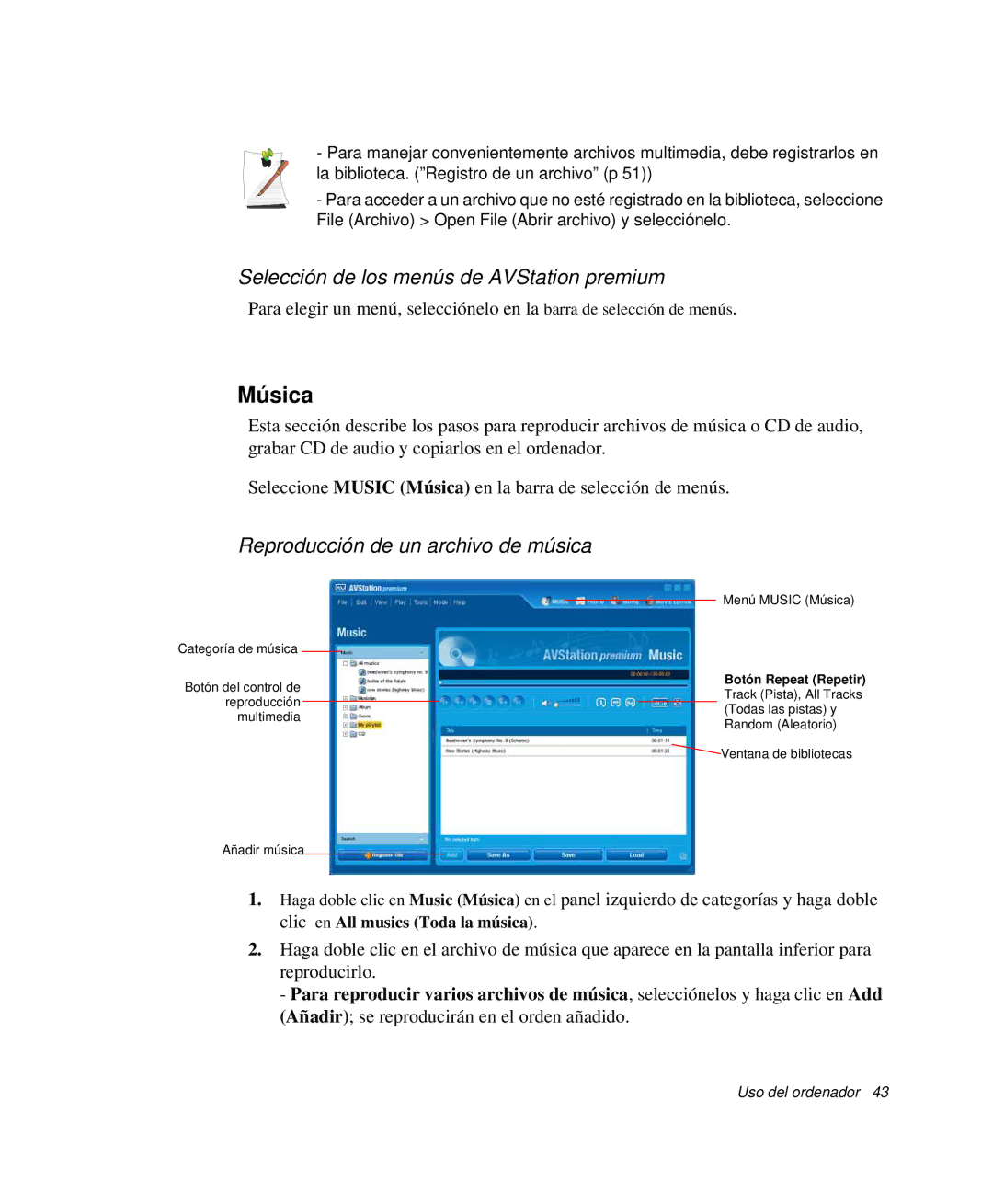 Samsung NP-R50T000/SES manual Música, Selección de los menús de AVStation premium, Reproducción de un archivo de música 