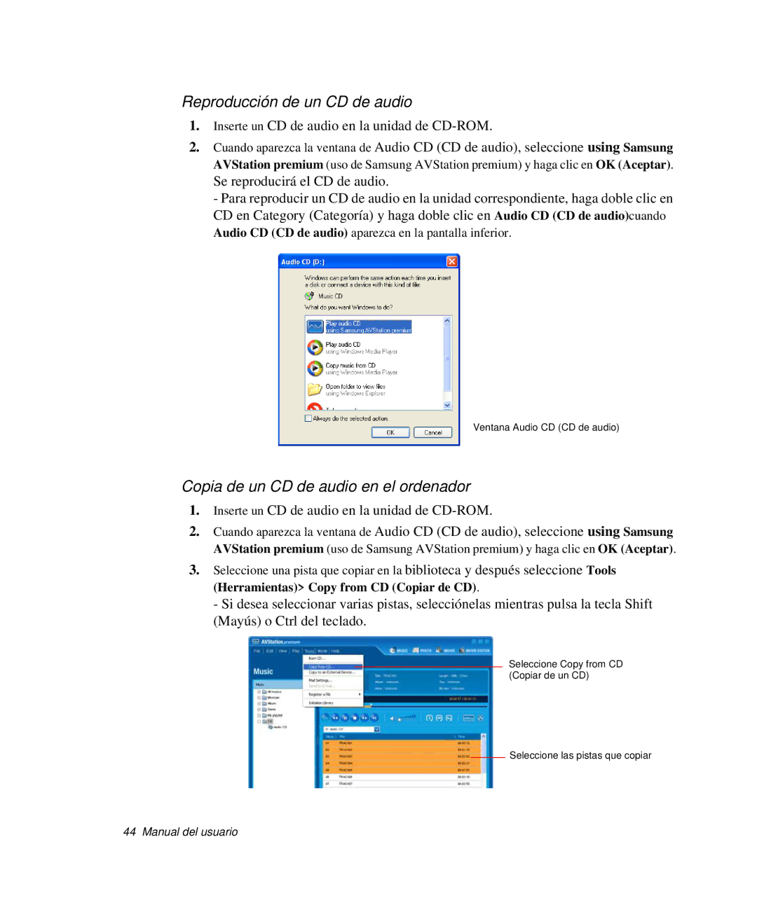 Samsung NP-R50C000/SES, NP-R50K000/SES manual Reproducción de un CD de audio, Copia de un CD de audio en el ordenador 