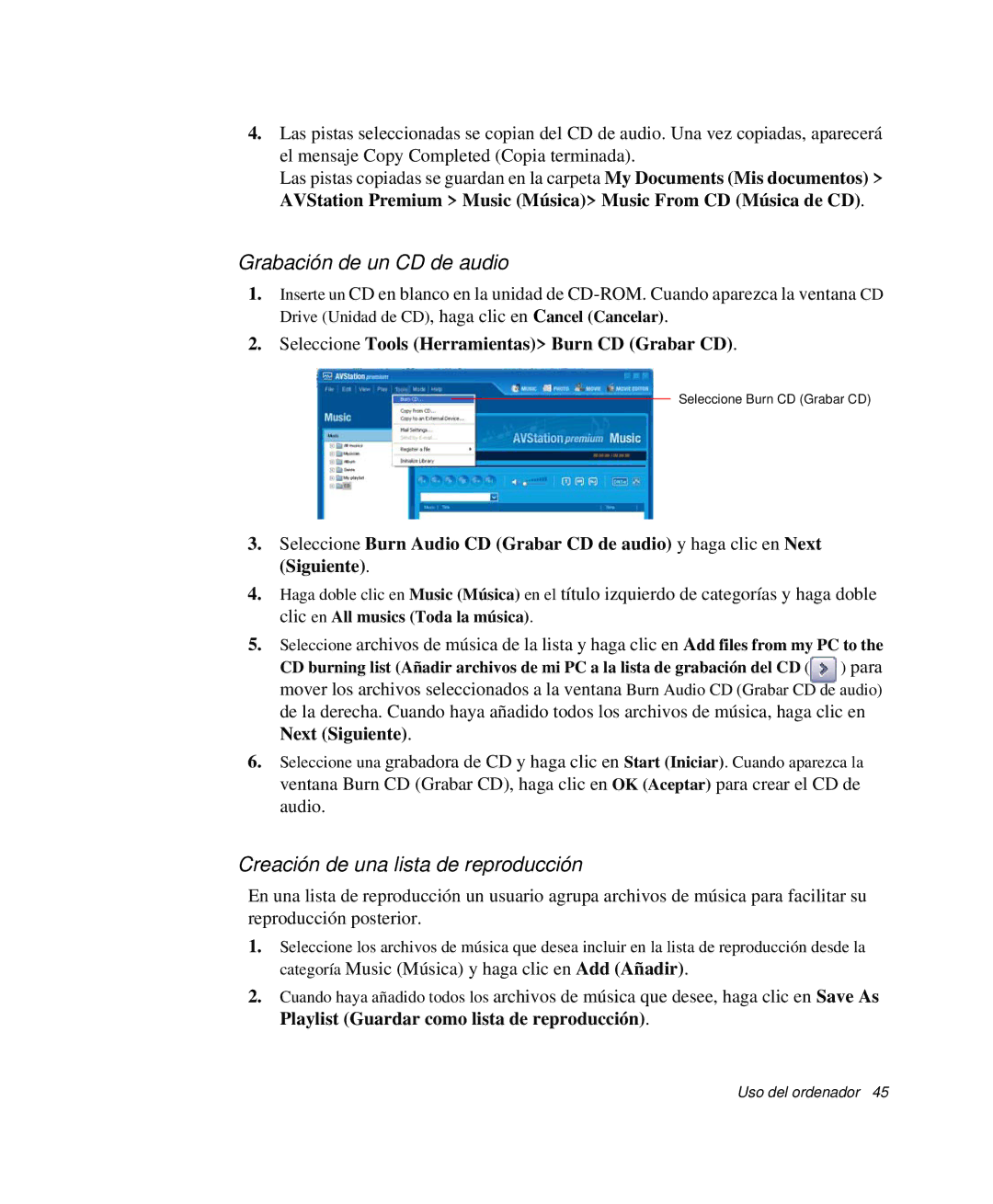 Samsung NP-R50CV0A/SES, NP-R50K000/SES, NP-R50CV09/SES Grabación de un CD de audio, Creación de una lista de reproducción 