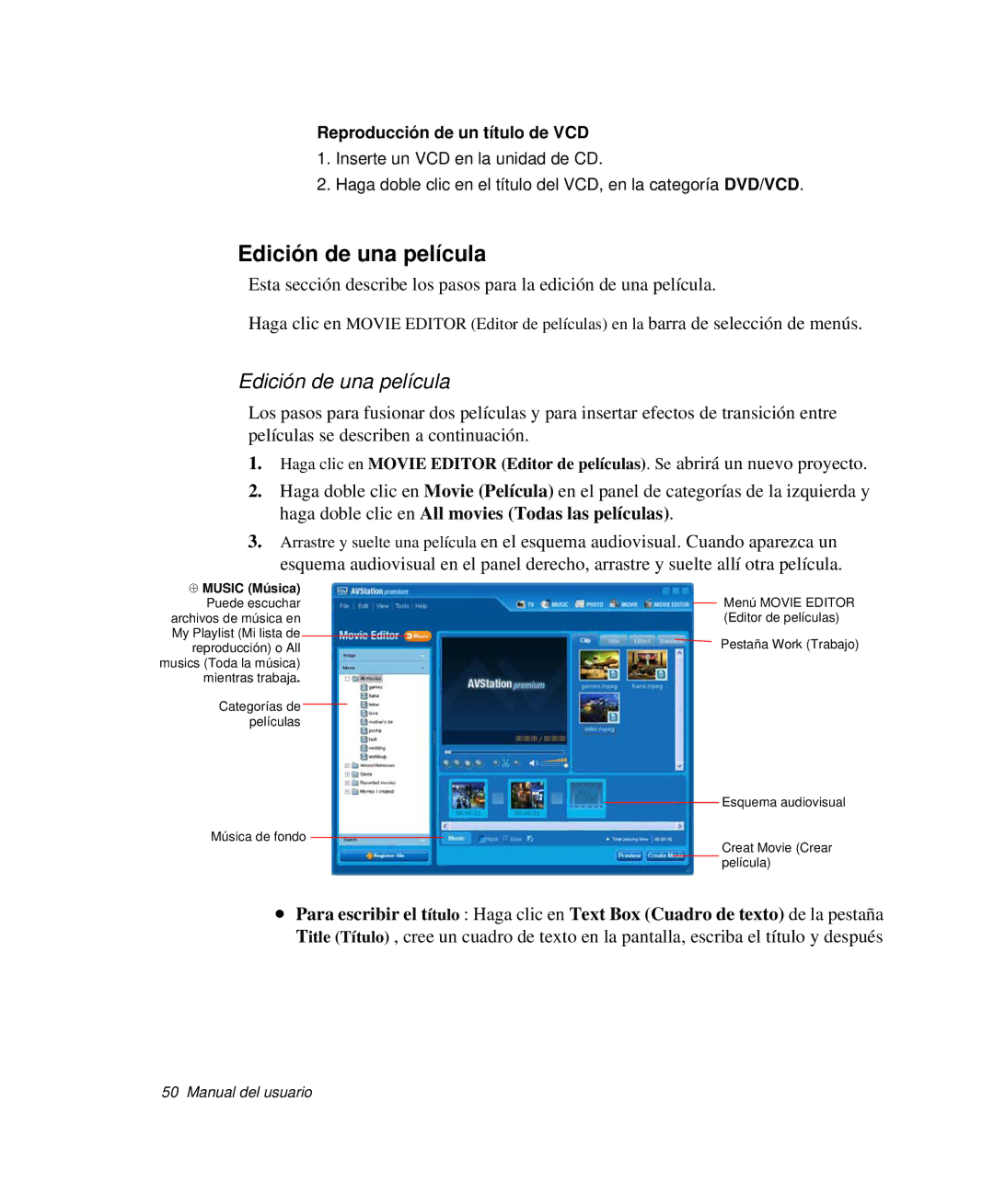 Samsung NP-R50KV00/SES, NP-R50K000/SES, NP-R50CV09/SES manual Edición de una película, Reproducción de un título de VCD 