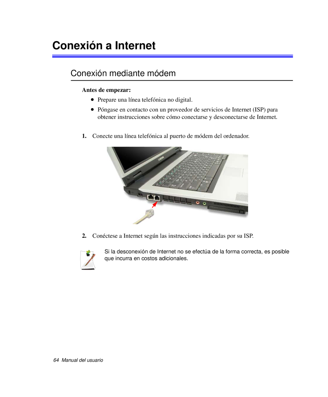 Samsung NP-R50CV0A/SES, NP-R50K000/SES, NP-R50CV09/SES manual Conexión a Internet, Conexión mediante módem, Antes de empezar 