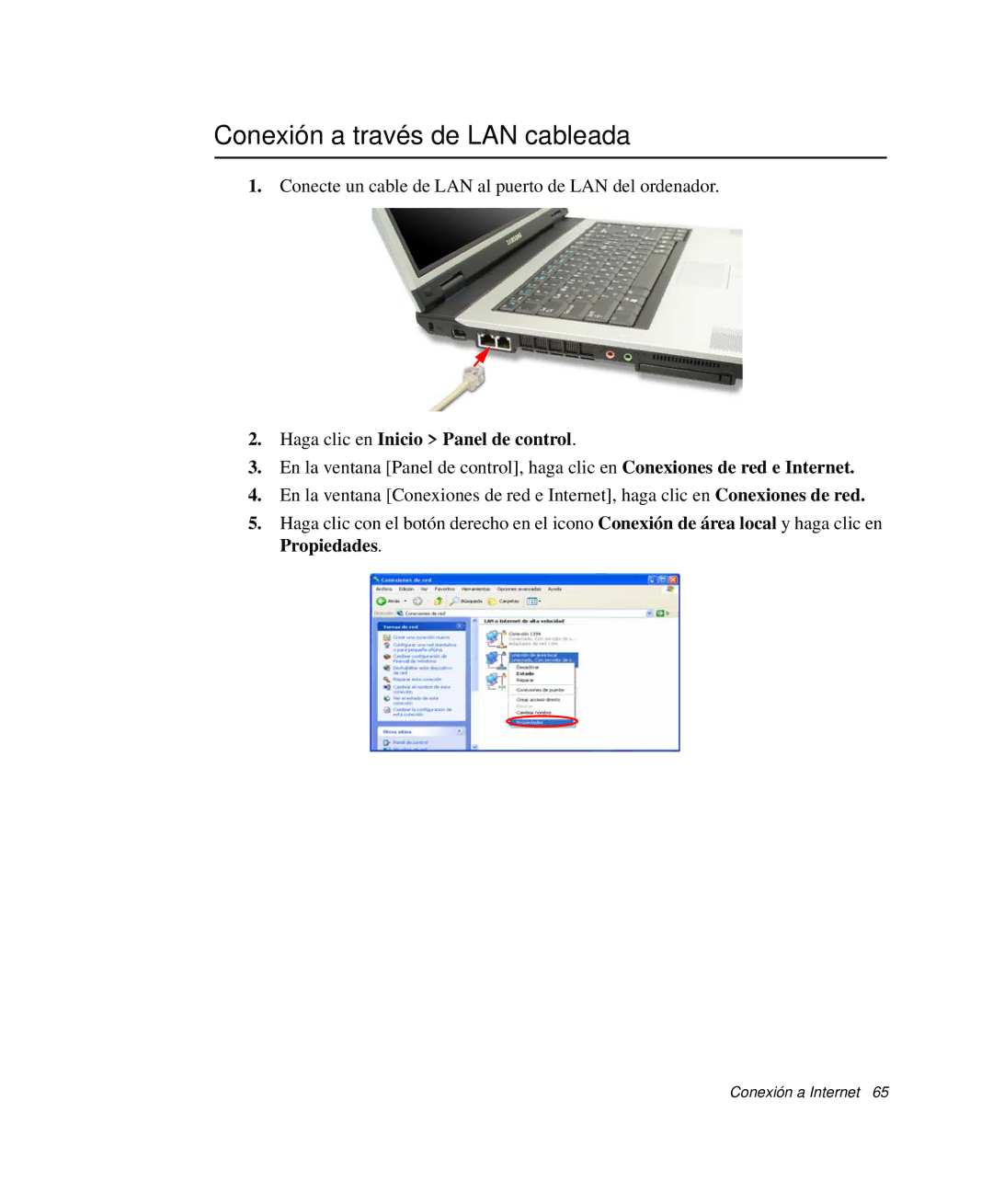 Samsung NP-R50CV04/SEP, NP-R50K000/SES manual Conexión a través de LAN cableada, Haga clic en Inicio Panel de control 