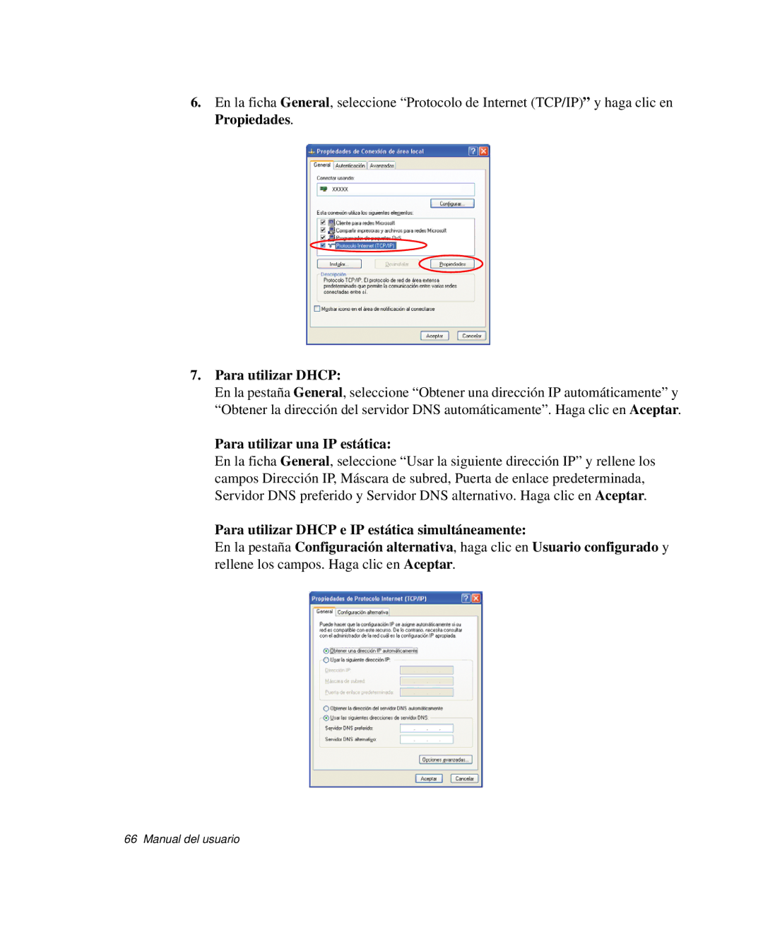 Samsung NP-R50T002/SES, NP-R50K000/SES, NP-R50CV09/SES, NP-R50CV07/SES Para utilizar Dhcp, Para utilizar una IP estática 