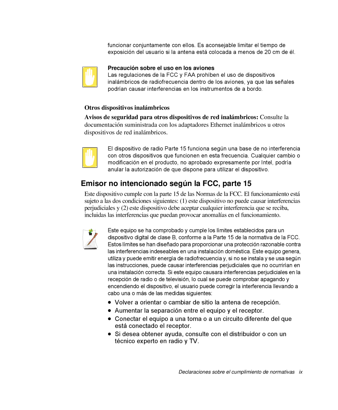 Samsung NP-R50T002/SES, NP-R50K000/SES Emisor no intencionado según la FCC, parte, Precaución sobre el uso en los aviones 