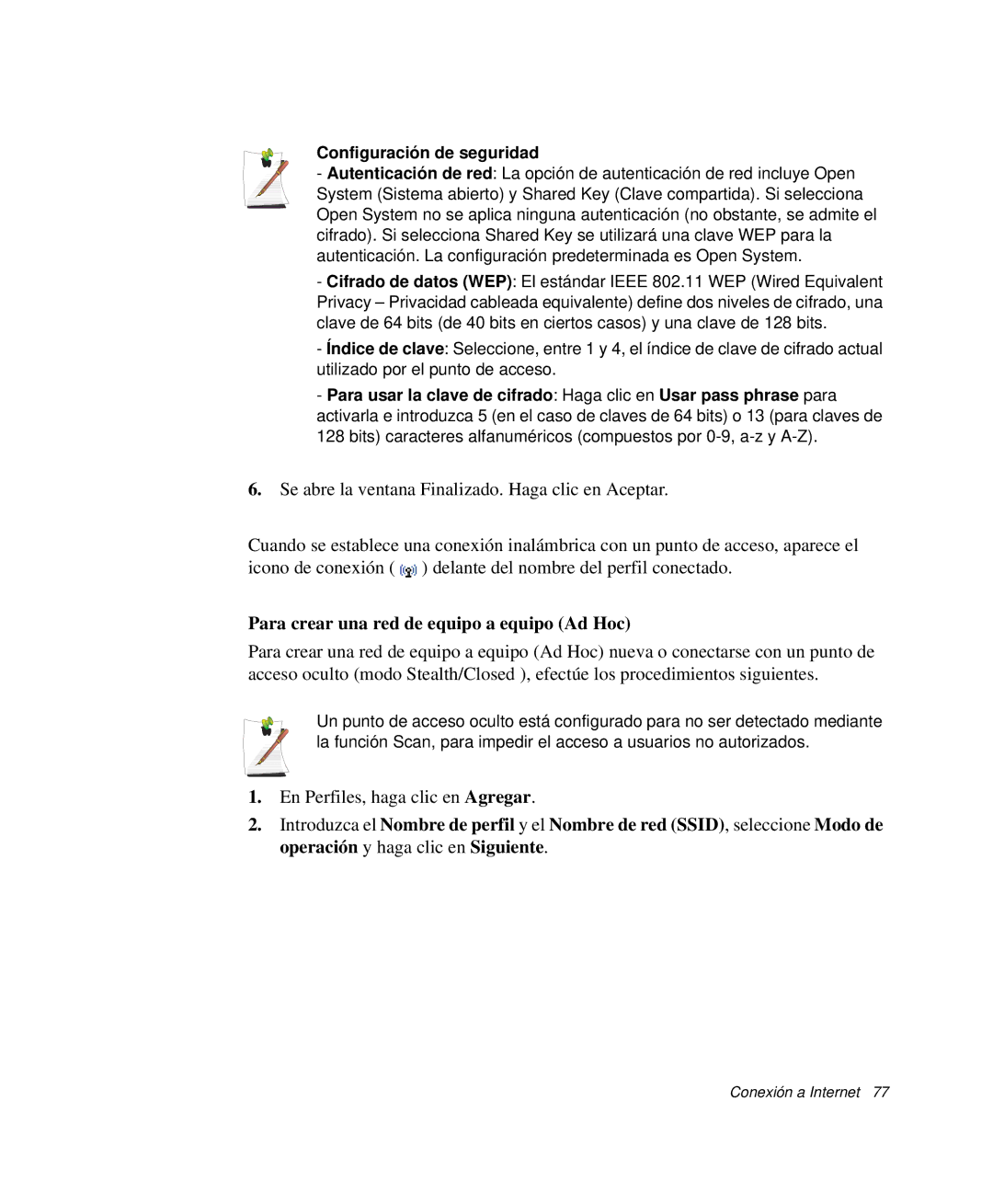 Samsung NP-R50CV09/SES, NP-R50K000/SES manual Para crear una red de equipo a equipo Ad Hoc, Configuración de seguridad 