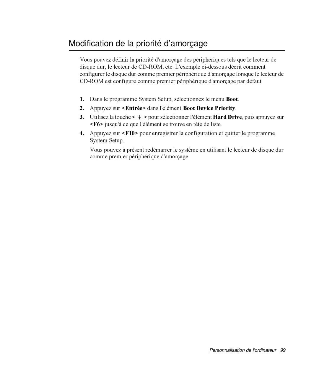 Samsung NP-R55C000/SEF manual Modification de la priorité d’amorçage, Appuyez sur Entrée dans lélément Boot Device Priority 