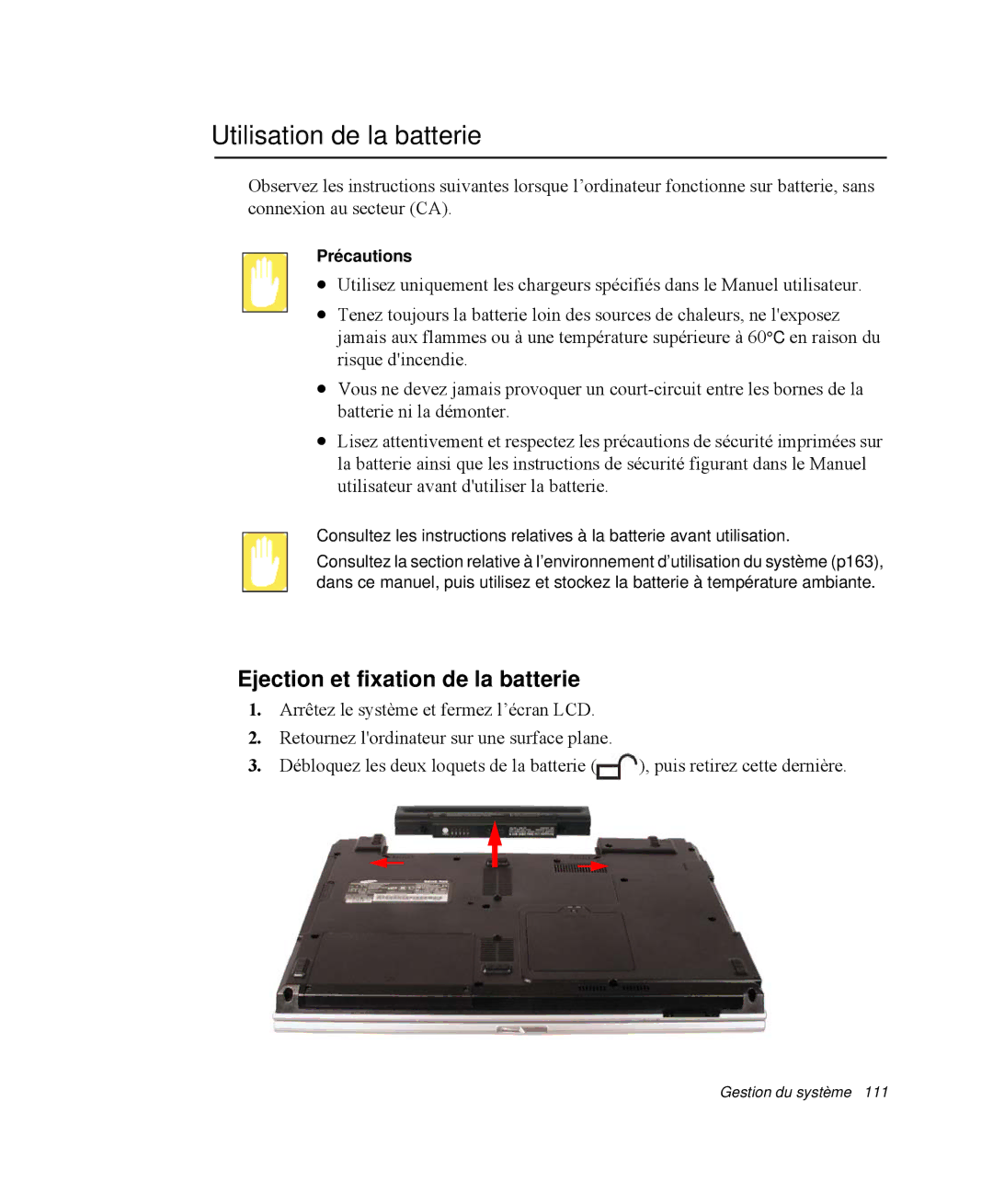 Samsung NP-R55C000/SEF, NP-R55C001/SEF manual Utilisation de la batterie, Ejection et fixation de la batterie, Précautions 