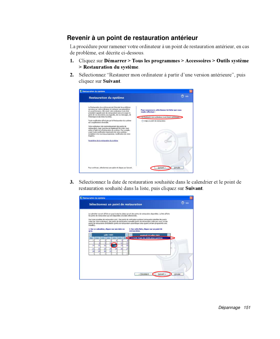 Samsung NP-R55C000/SEF, NP-R55C001/SEF, NP-R55CV00/SEF, NP-R55GV01/SEF manual Revenir à un point de restauration antérieur 