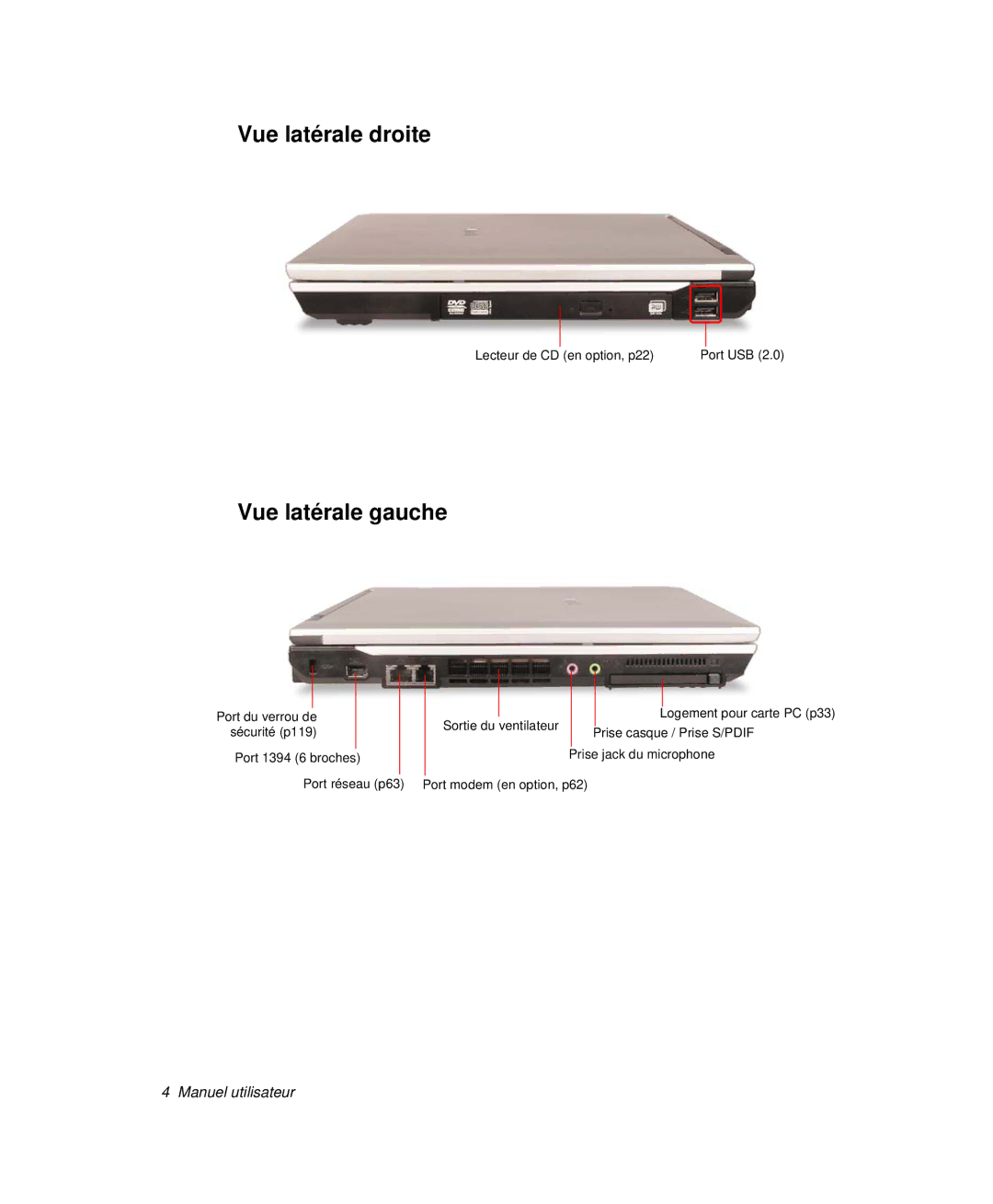 Samsung NP-R55C001/SEF, NP-R55CV00/SEF, NP-R55GV01/SEF, NP-R55C000/SEF manual Vue latérale droite, Vue latérale gauche 