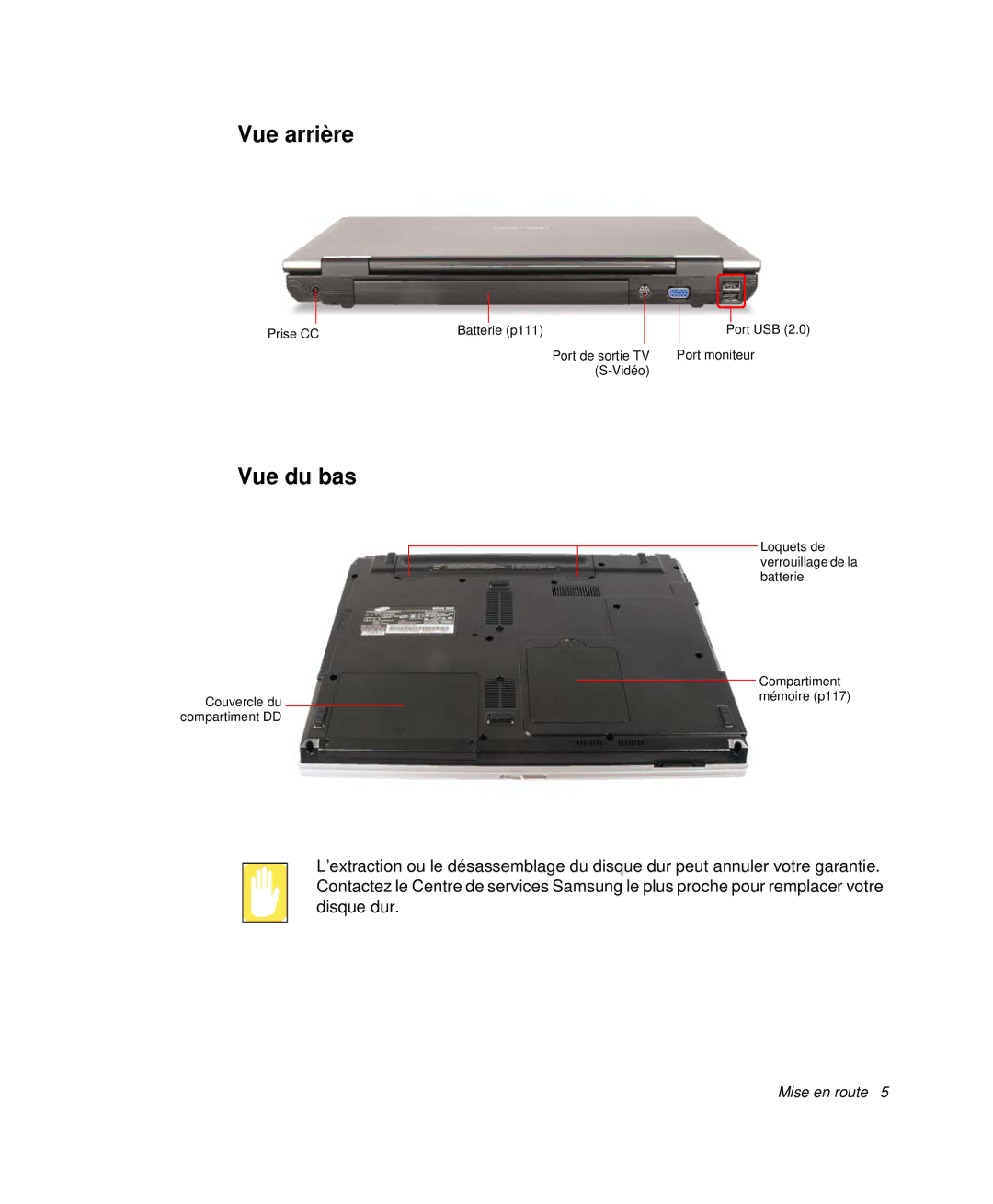 Samsung NP-R55CV00/SEF, NP-R55C001/SEF, NP-R55GV01/SEF, NP-R55C000/SEF manual Vue arrière, Vue du bas 