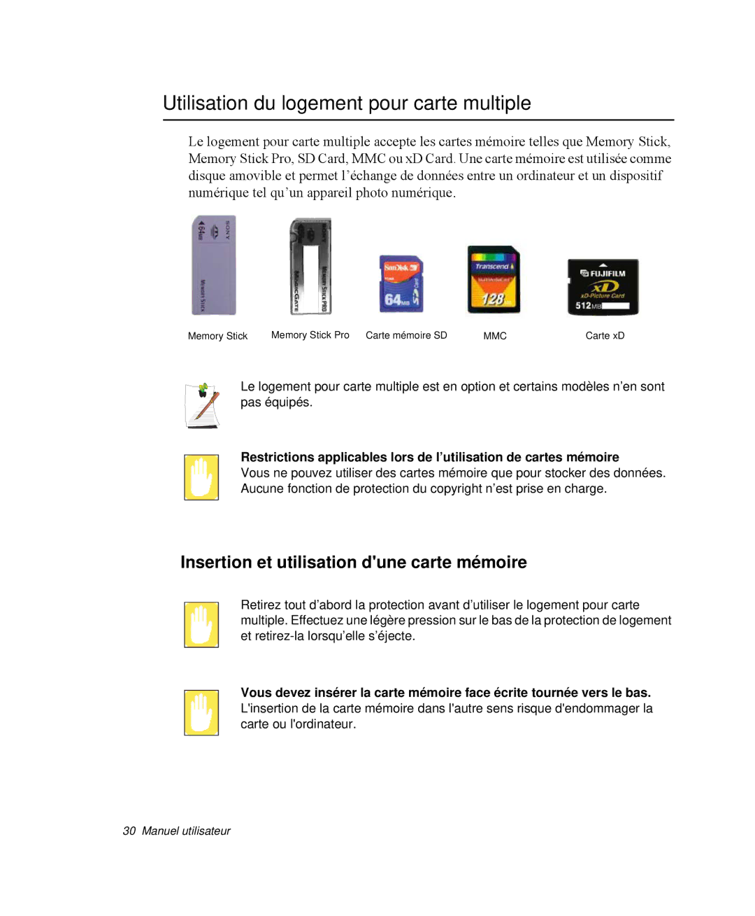 Samsung NP-R55GV01/SEF manual Utilisation du logement pour carte multiple, Insertion et utilisation dune carte mémoire 